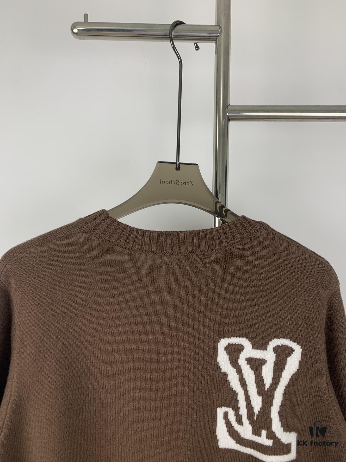 New LV Louis Vuitton White Knitted Logo Beige and Coffee Color Crew Neck Sweater Unisex