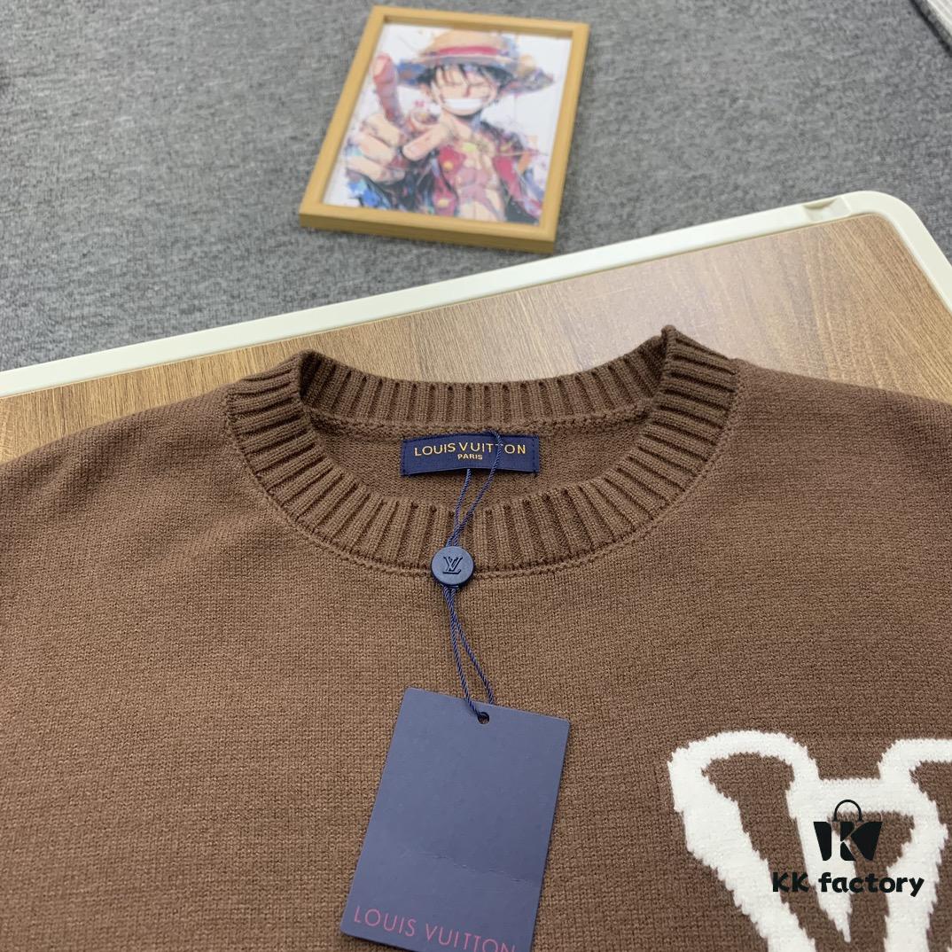 New LV Louis Vuitton White Knitted Logo Beige and Coffee Color Crew Neck Sweater Unisex