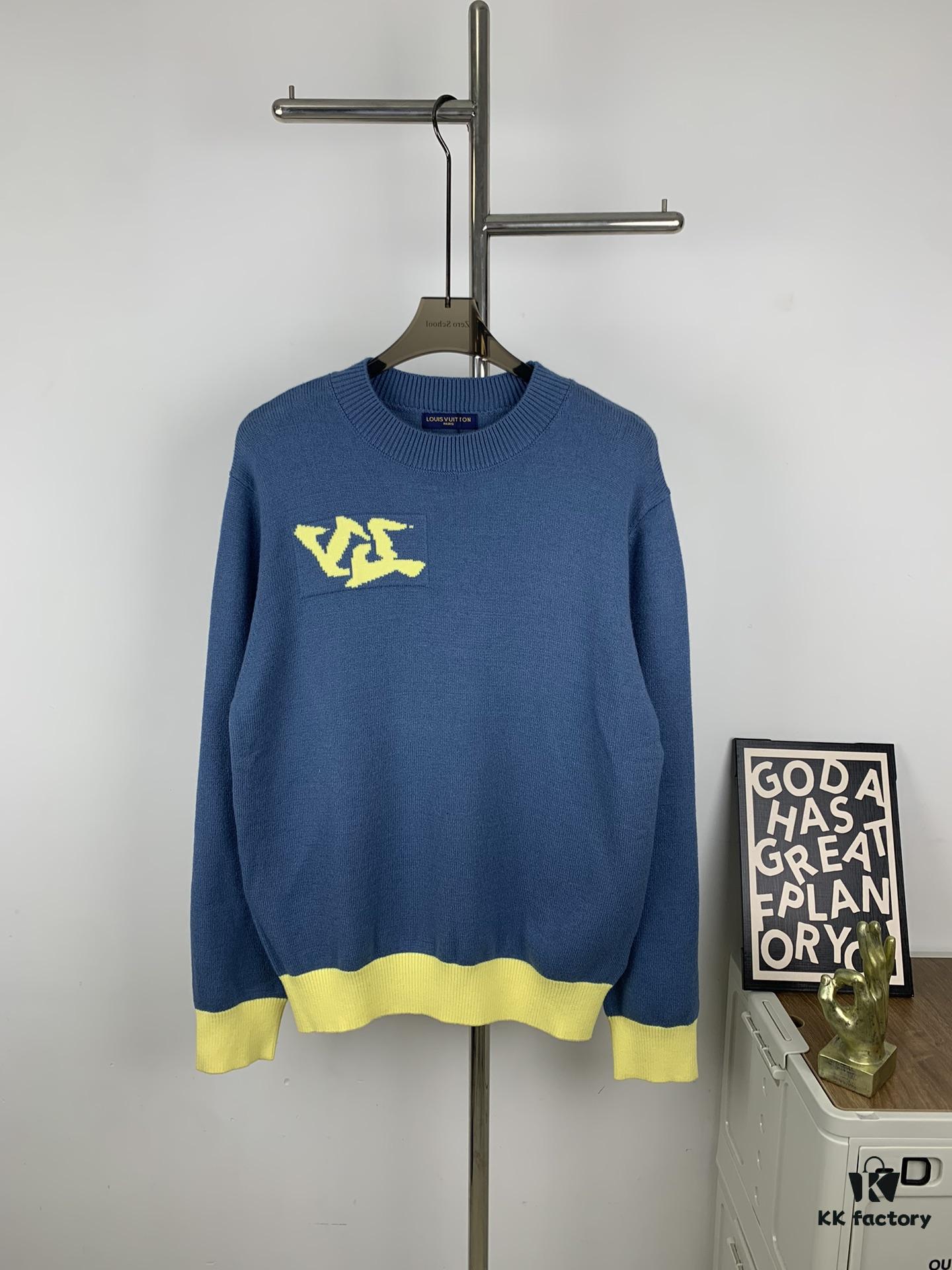 New LV Jacquard Letter Round-Neck Sweater 23FW Official Website Release LOUIS VUITTON Louis Vuitton 2023 Spring Blue and Green Patchwork Logo Round-Neck Letter Jacquard Sweater Knitwear
