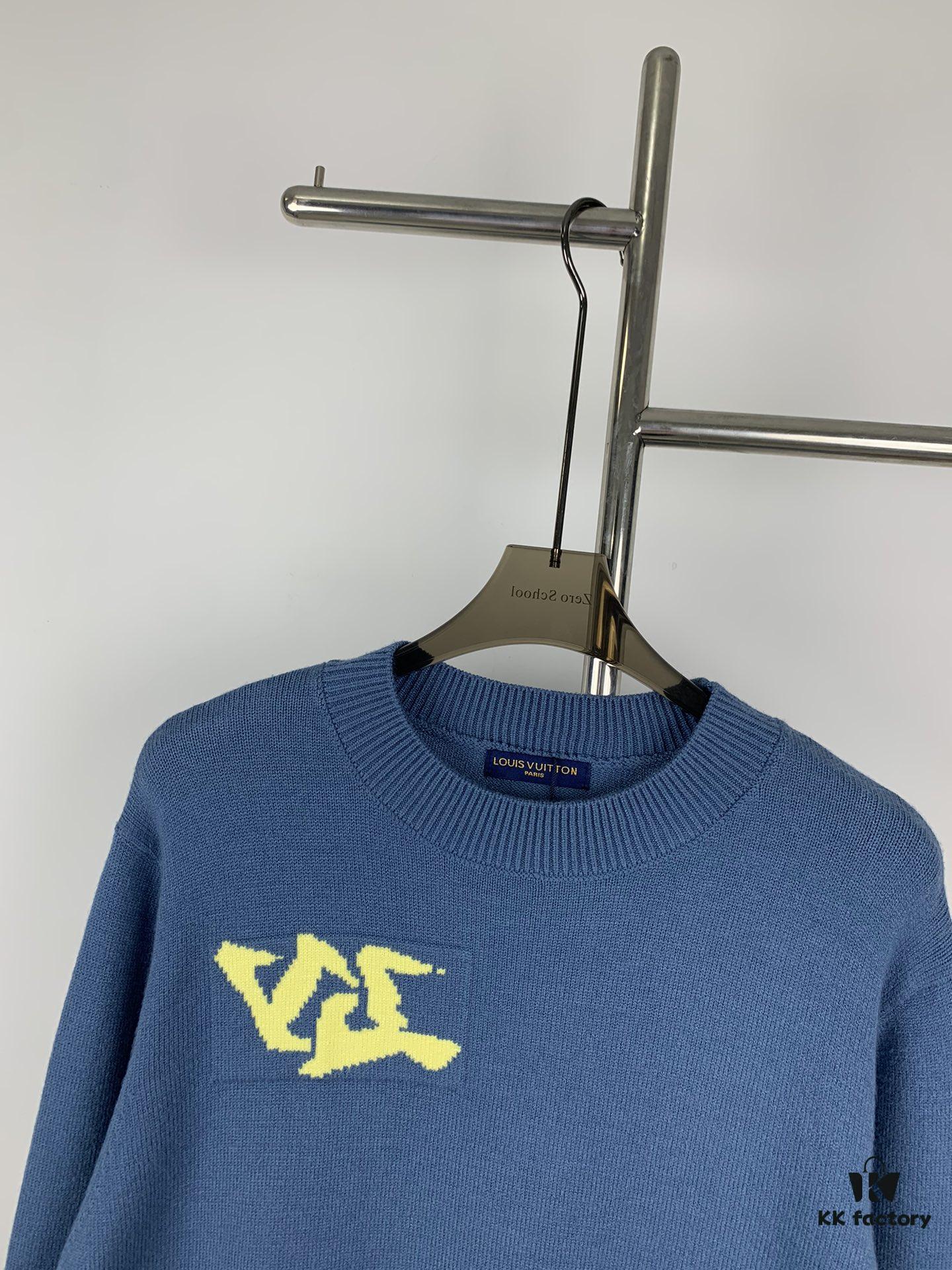 New LV Jacquard Letter Round-Neck Sweater 23FW Official Website Release LOUIS VUITTON Louis Vuitton 2023 Spring Blue and Green Patchwork Logo Round-Neck Letter Jacquard Sweater Knitwear