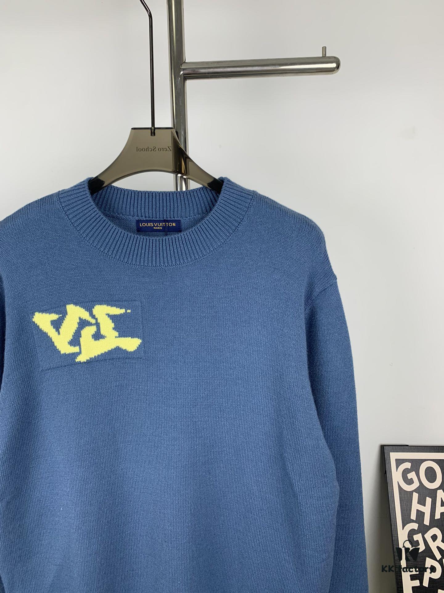 New LV Jacquard Letter Round-Neck Sweater 23FW Official Website Release LOUIS VUITTON Louis Vuitton 2023 Spring Blue and Green Patchwork Logo Round-Neck Letter Jacquard Sweater Knitwear