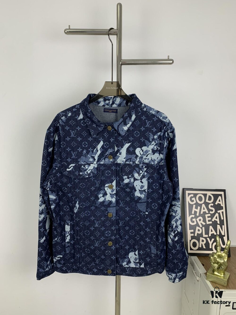 New Louis Vuitton x Yayoi Kusama Letter Combination Floral Print Bleached Seagrass Logo All-Over Denim Jacket and Pants Set