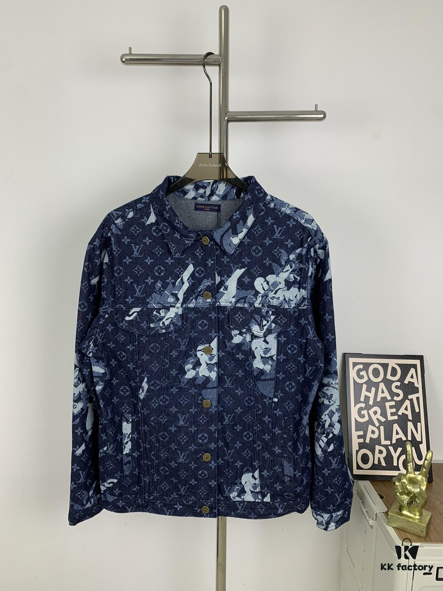 New Louis Vuitton x Yayoi Kusama Letter Combination Floral Print Bleached Seagrass Logo All-Over Denim Jacket and Pants Set