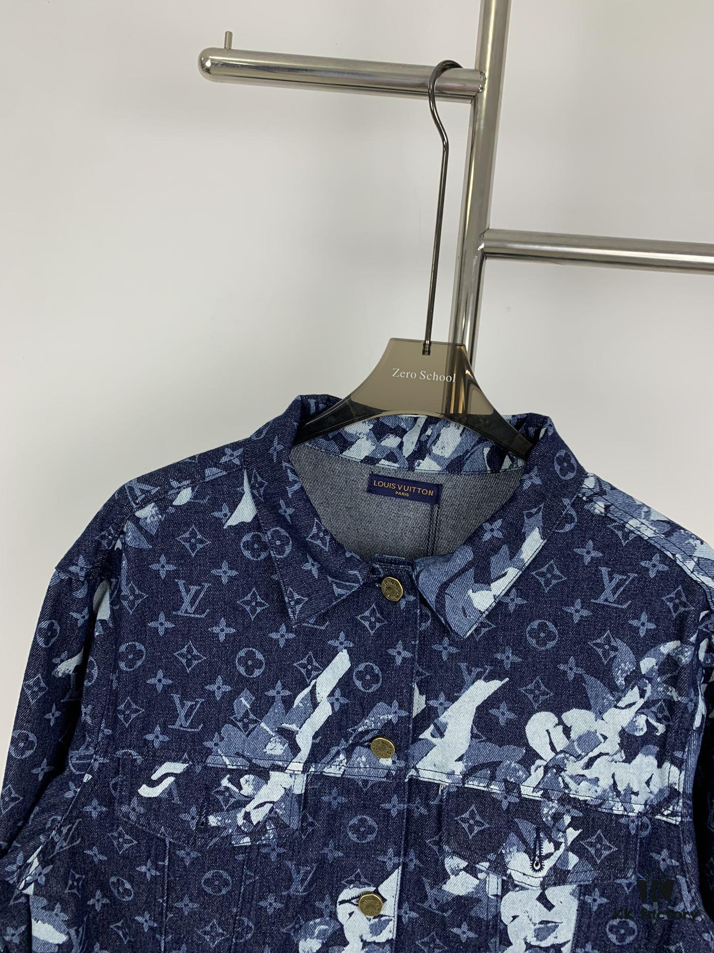 New Louis Vuitton x Yayoi Kusama Letter Combination Floral Print Bleached Seagrass Logo All-Over Denim Jacket and Pants Set