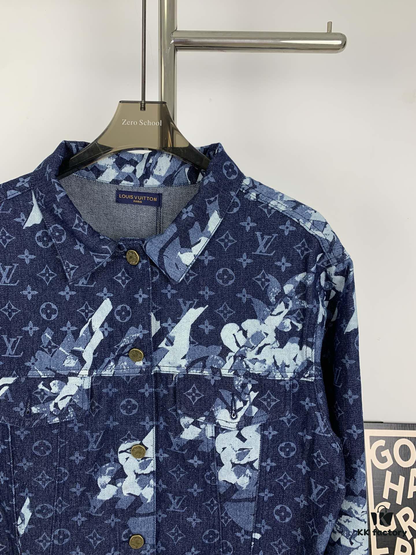 New Louis Vuitton x Yayoi Kusama Letter Combination Floral Print Bleached Seagrass Logo All-Over Denim Jacket and Pants Set