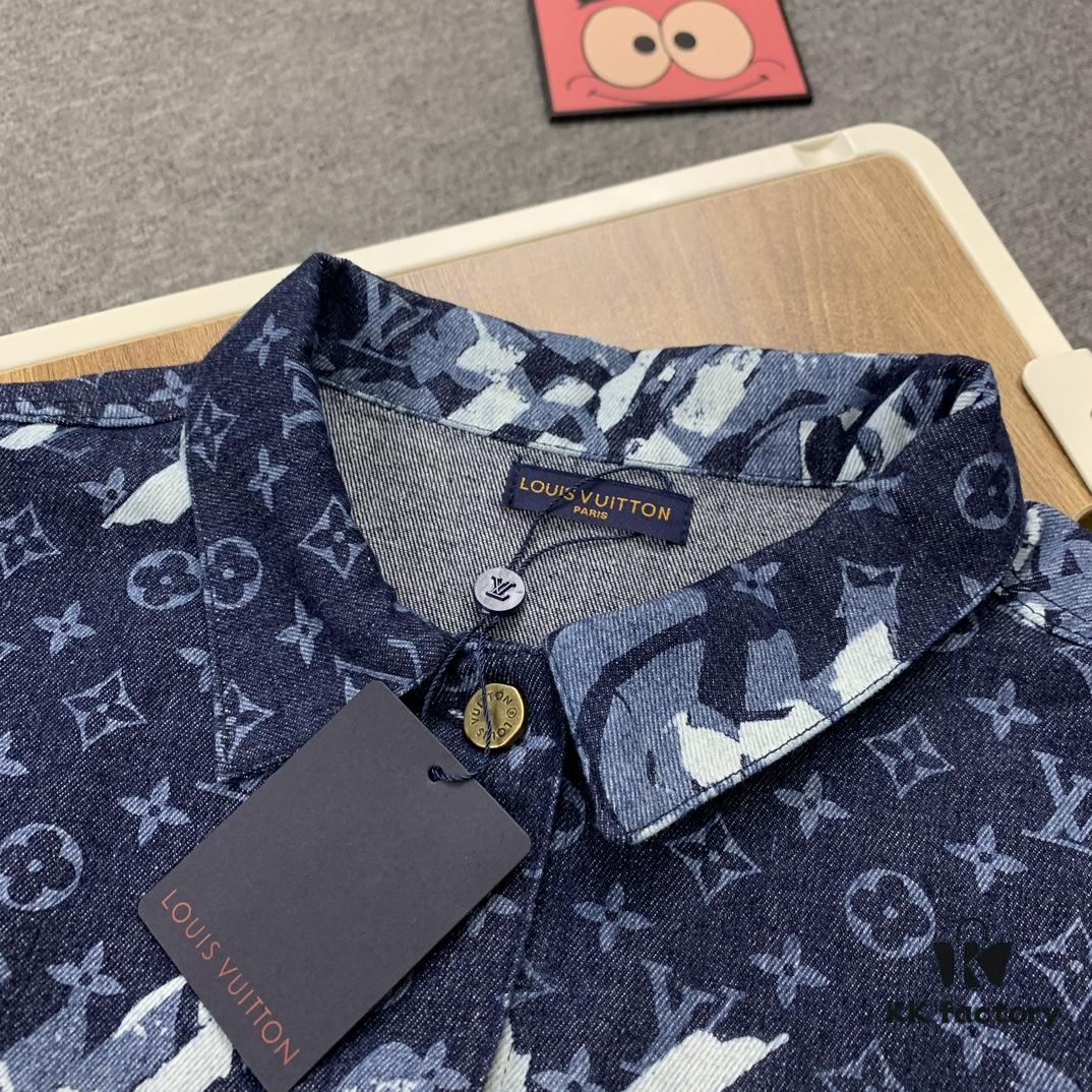 New Louis Vuitton x Yayoi Kusama Letter Combination Floral Print Bleached Seagrass Logo All-Over Denim Jacket and Pants Set