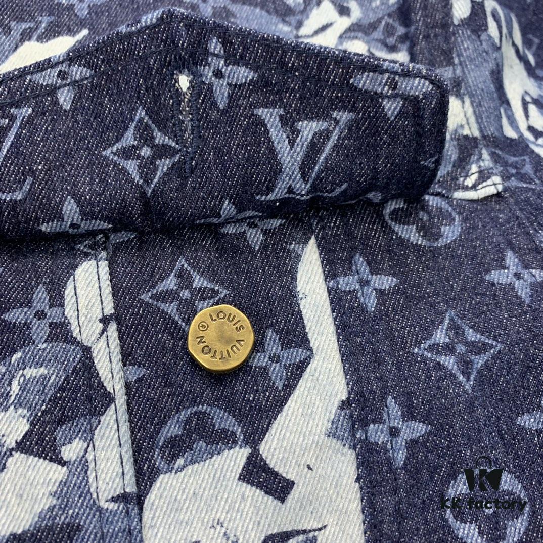 New Louis Vuitton x Yayoi Kusama Letter Combination Floral Print Bleached Seagrass Logo All-Over Denim Jacket and Pants Set