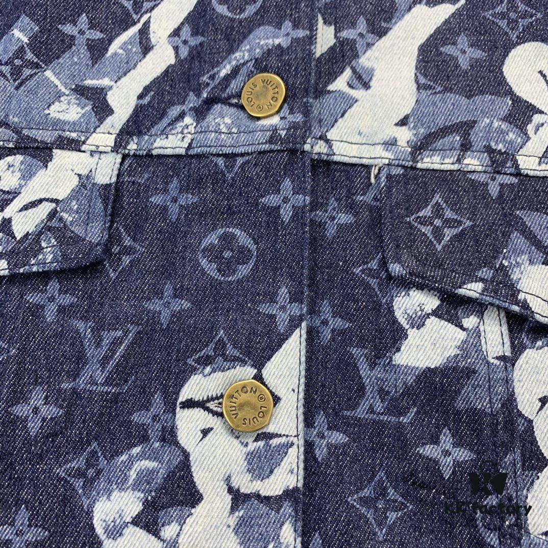 New Louis Vuitton x Yayoi Kusama Letter Combination Floral Print Bleached Seagrass Logo All-Over Denim Jacket and Pants Set