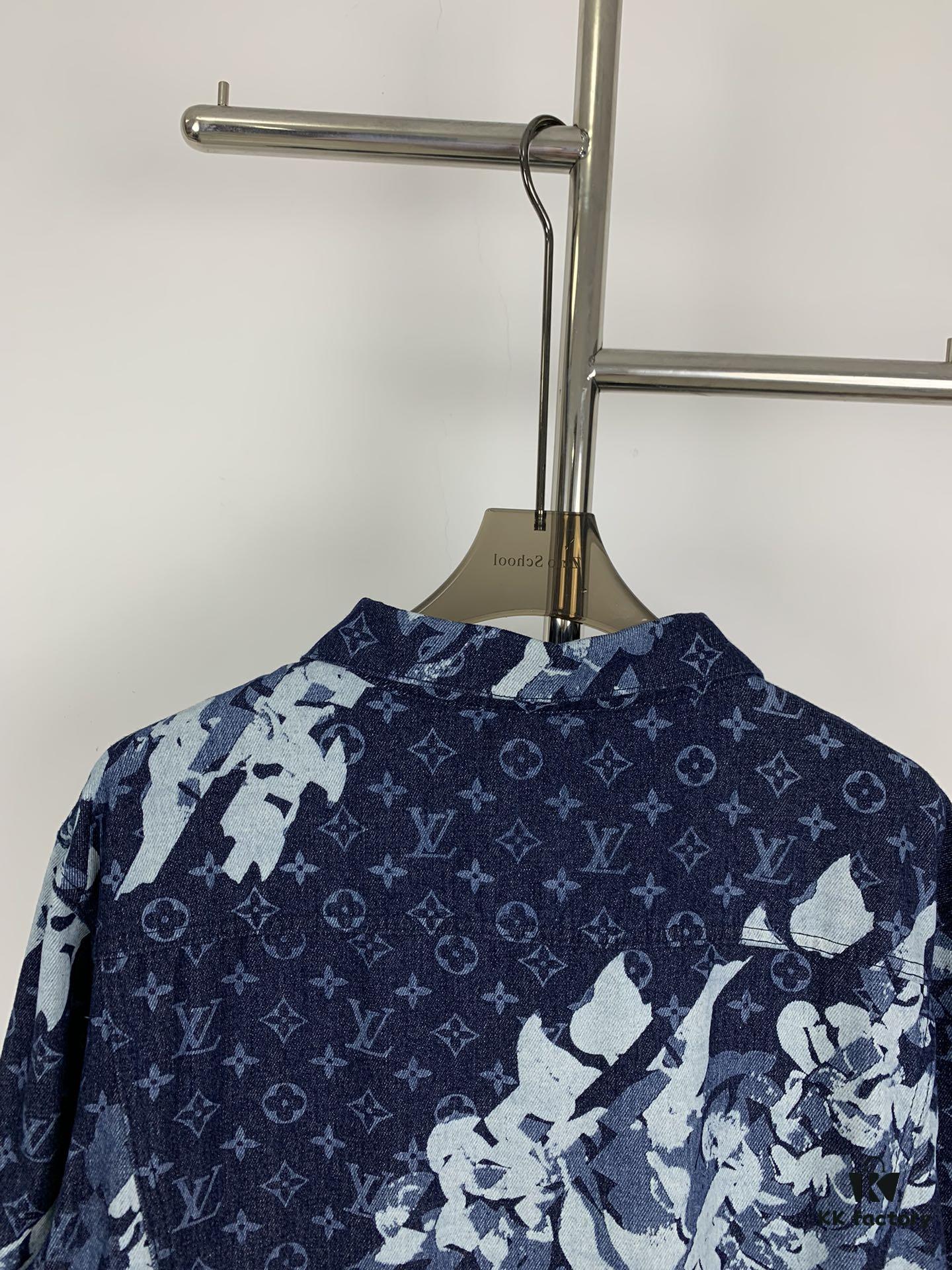 New Louis Vuitton x Yayoi Kusama Letter Combination Floral Print Bleached Seagrass Logo All-Over Denim Jacket and Pants Set