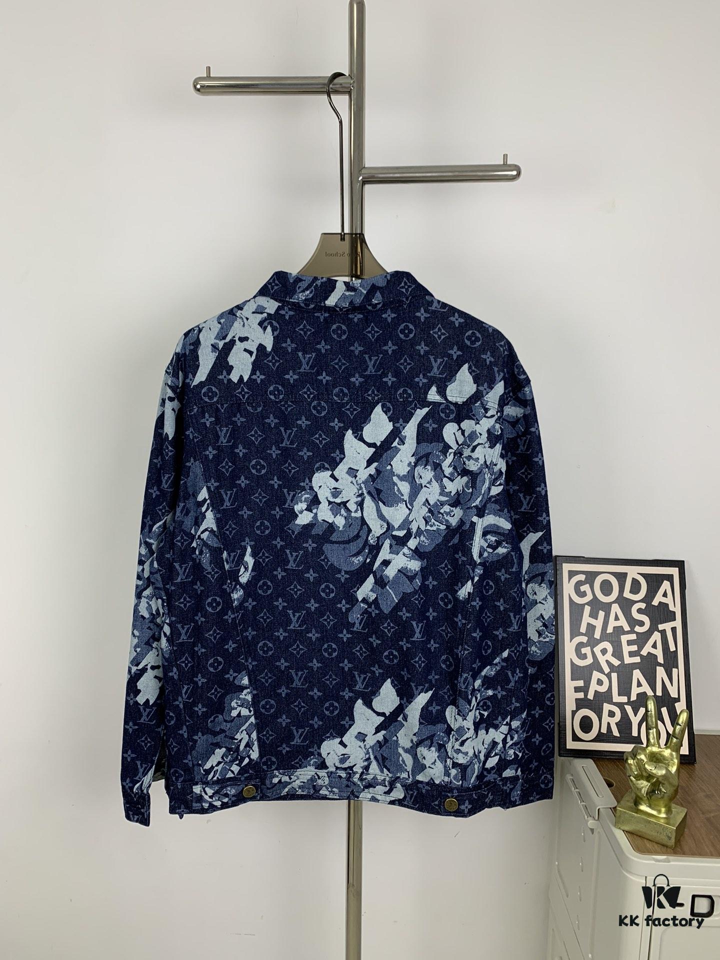 New Louis Vuitton x Yayoi Kusama Letter Combination Floral Print Bleached Seagrass Logo All-Over Denim Jacket and Pants Set