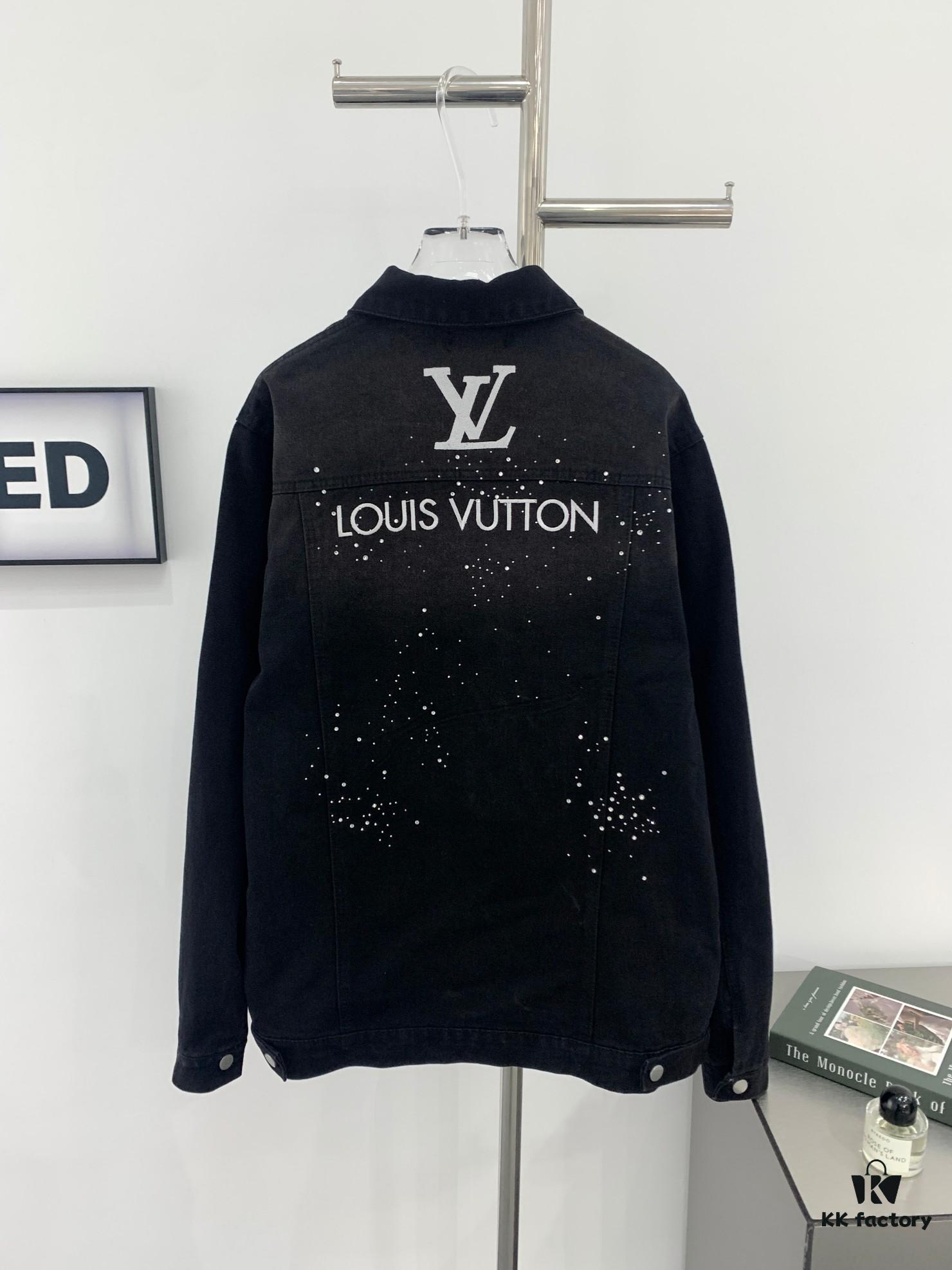 New Louis Vuitton LV FW Starry Sky Rhinestone Embroidered Distressed Denim Jacket for Men and Women