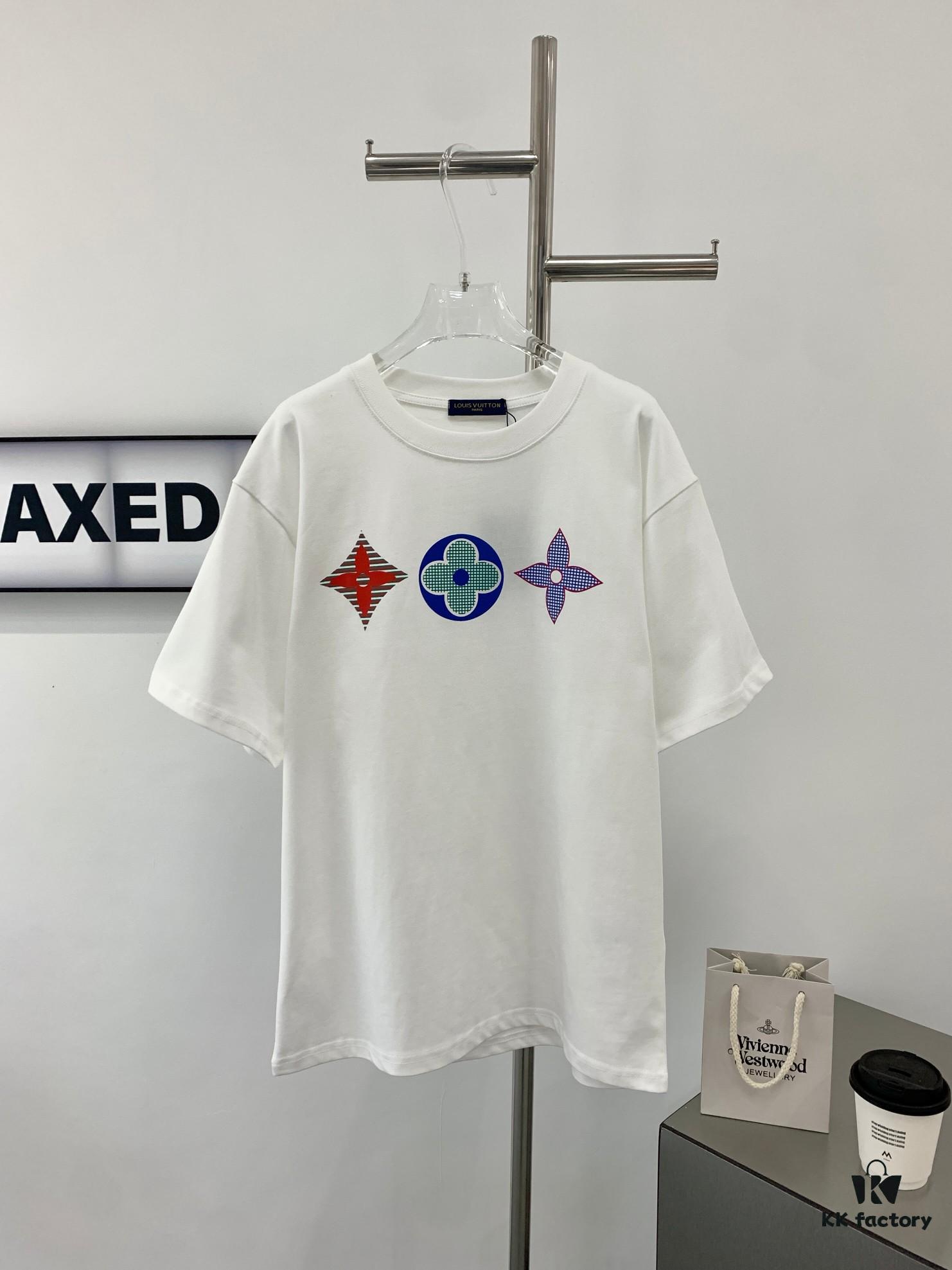 New Arrival LOUIS VUITTON LV Chest Tricolor Flower Logo Printed Short Sleeve T-Shirt