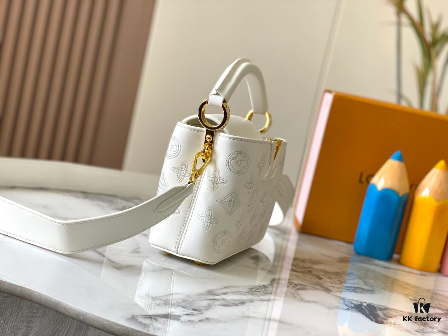 Upgraded M20741 LV Broderie Anglaise Embroidered Gold Button Capucines Mini Bag