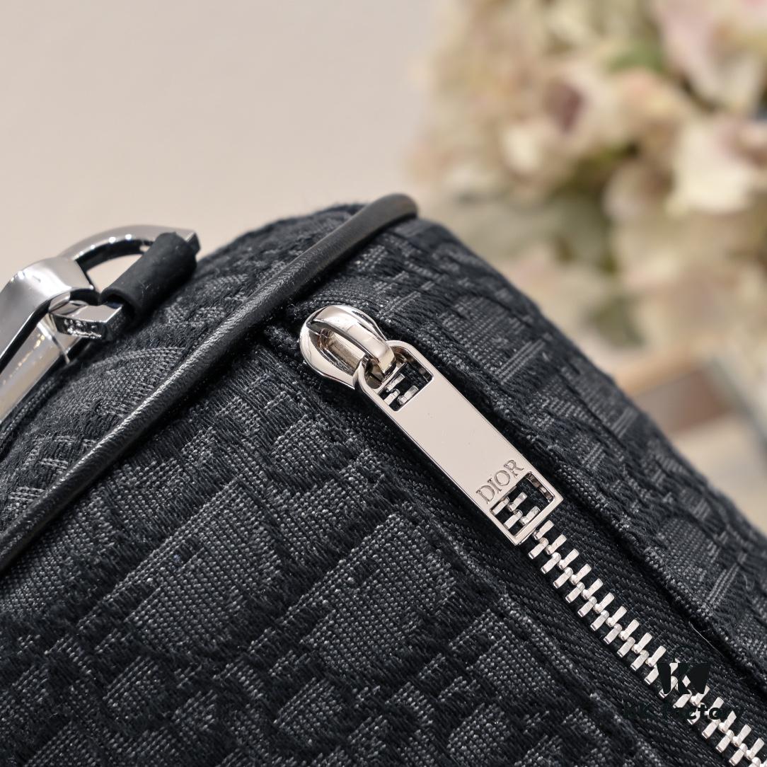 Upgraded Release Original Dior 2024 Spring/Summer New Arrival OBLIQUE Printed Canvas Cylindrical Tote Bag with Tiger Head Box Design, Black Fabric and Black Calfskin Adjustable Detachable Shoulder Strap, Full Logo Details, Unisex, Size: 21×13×13cm