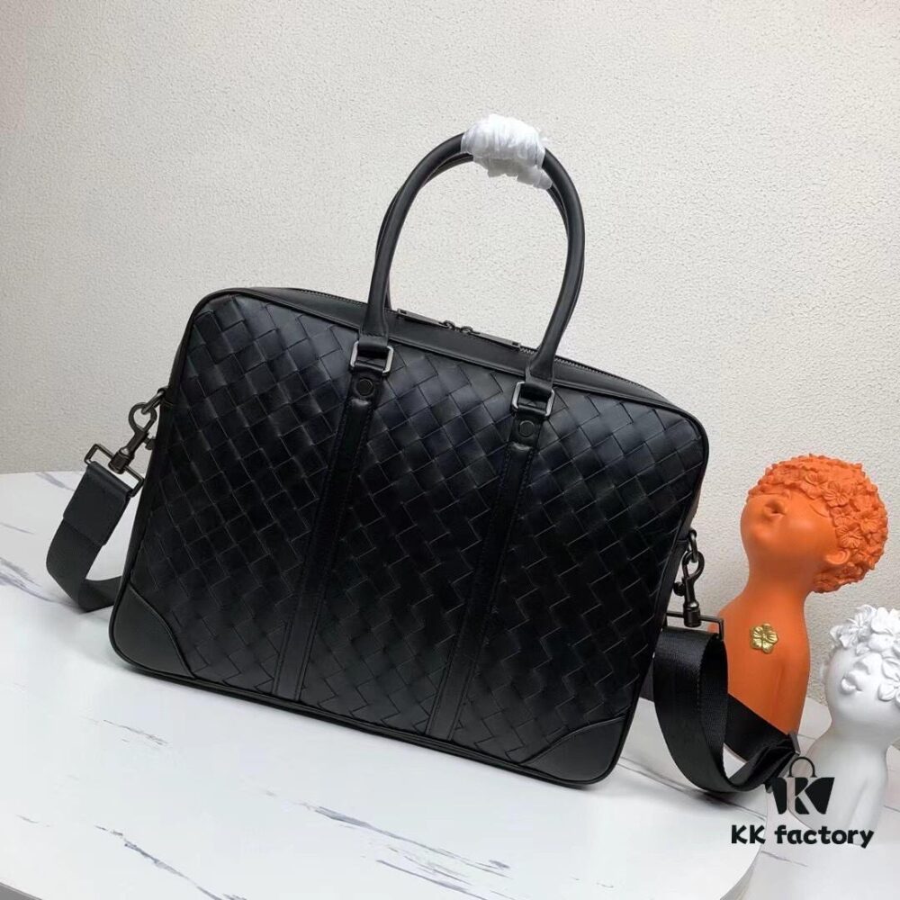BV Men's Business Briefcase Handbag, Imported Waxed Cowhide Woven Design with Silver-Tone Hardware, Latest European Style Lining, Fashionable and Casual