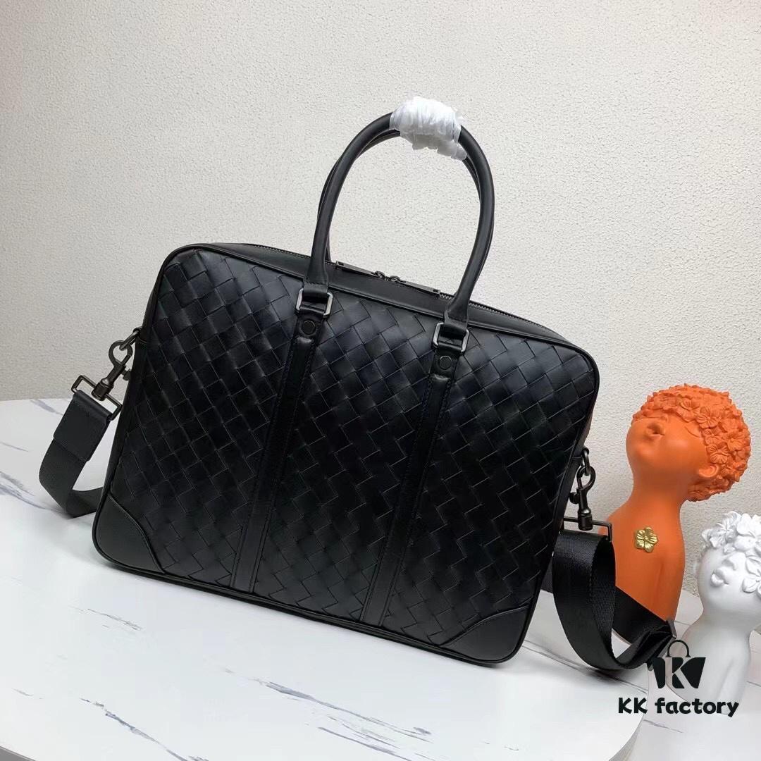 BV Men's Business Briefcase Handbag, Imported Waxed Cowhide Woven Design with Silver-Tone Hardware, Latest European Style Lining, Fashionable and Casual