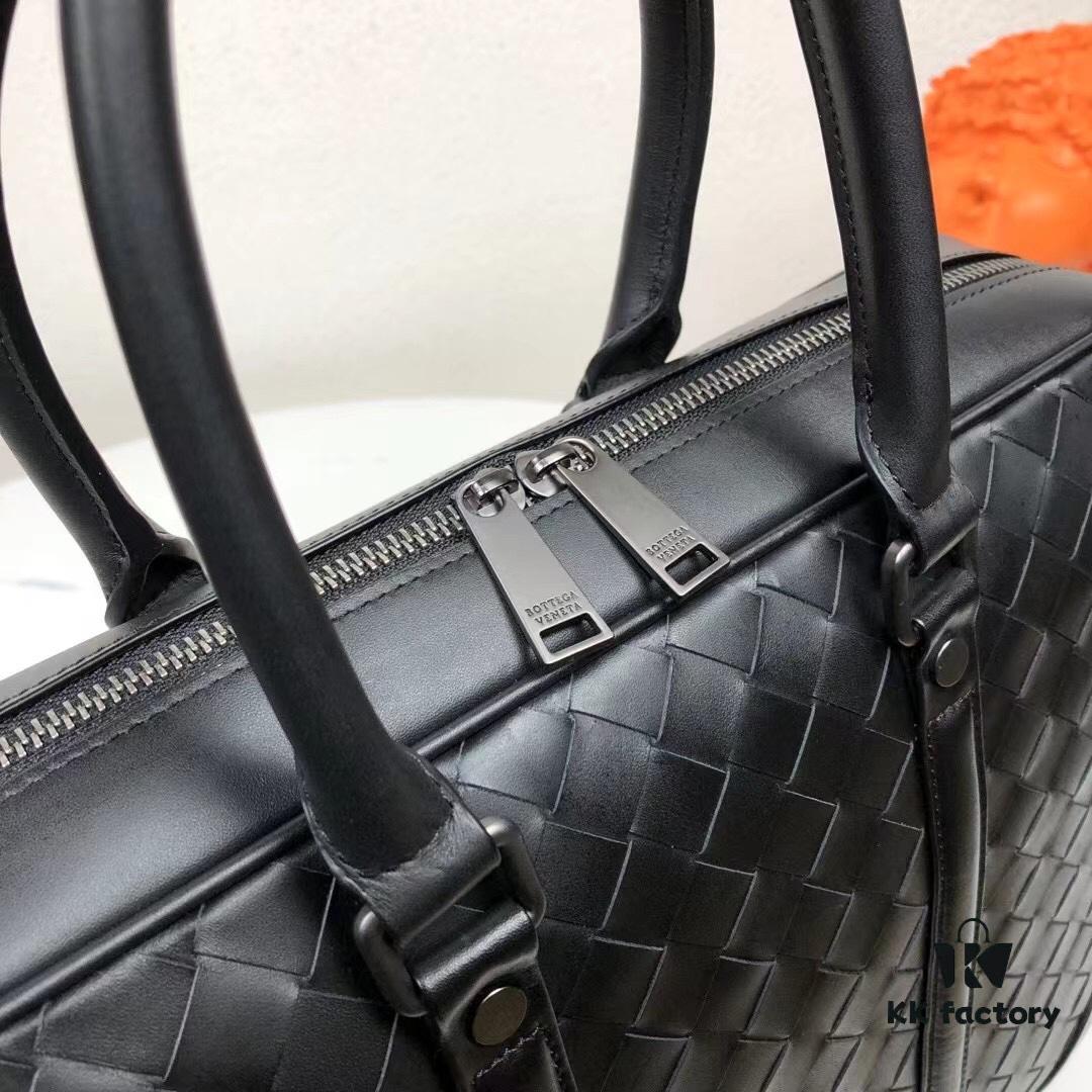 BV Men's Business Briefcase Handbag, Imported Waxed Cowhide Woven Design with Silver-Tone Hardware, Latest European Style Lining, Fashionable and Casual