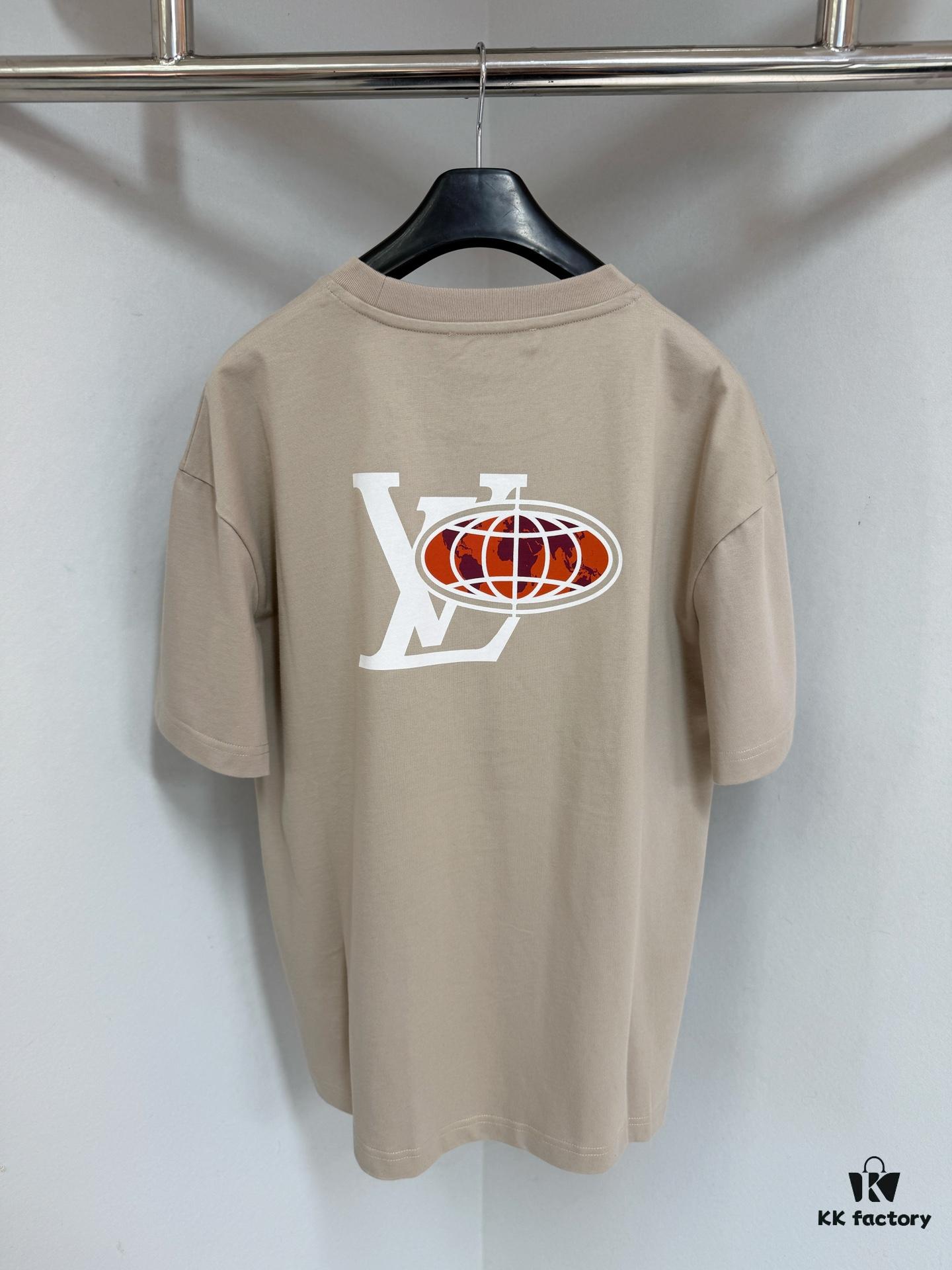 1V 25SS World Map Khaki Round Neck Rhinestone Embellished Short Sleeve T-Shirt