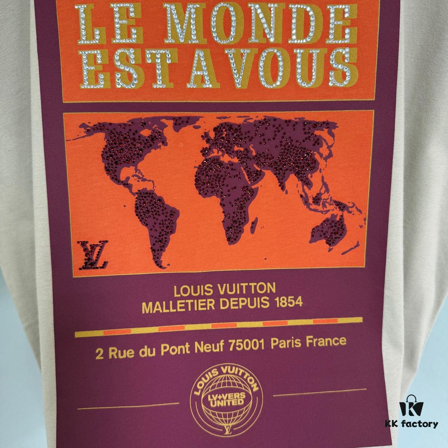 1V 25SS World Map Khaki Round Neck Rhinestone Embellished Short Sleeve T-Shirt