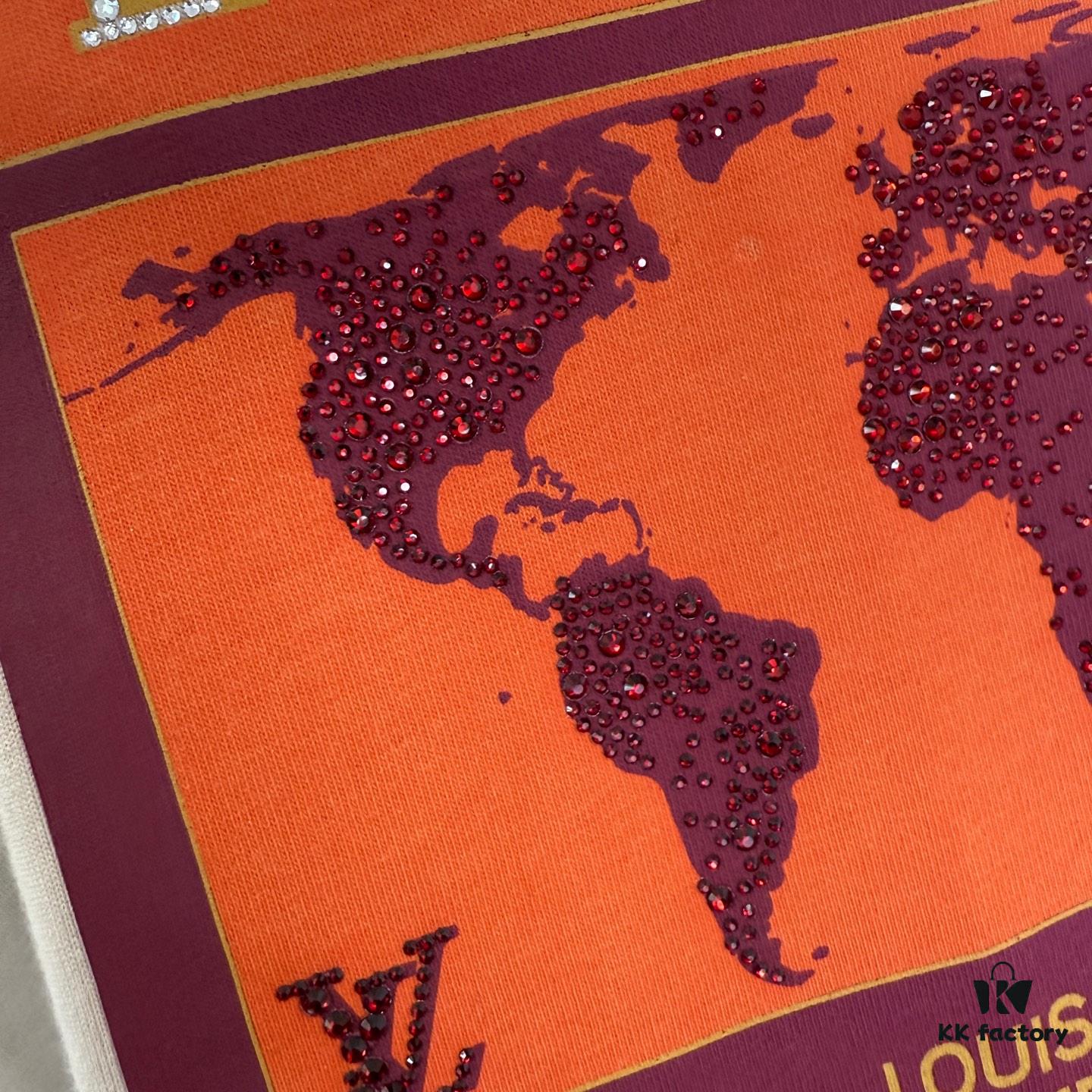 1V 25SS World Map Khaki Round Neck Rhinestone Embellished Short Sleeve T-Shirt