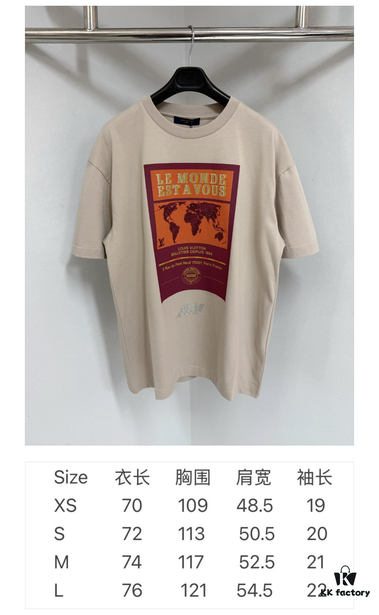 1V 25SS World Map Khaki Round Neck Rhinestone Embellished Short Sleeve T-Shirt