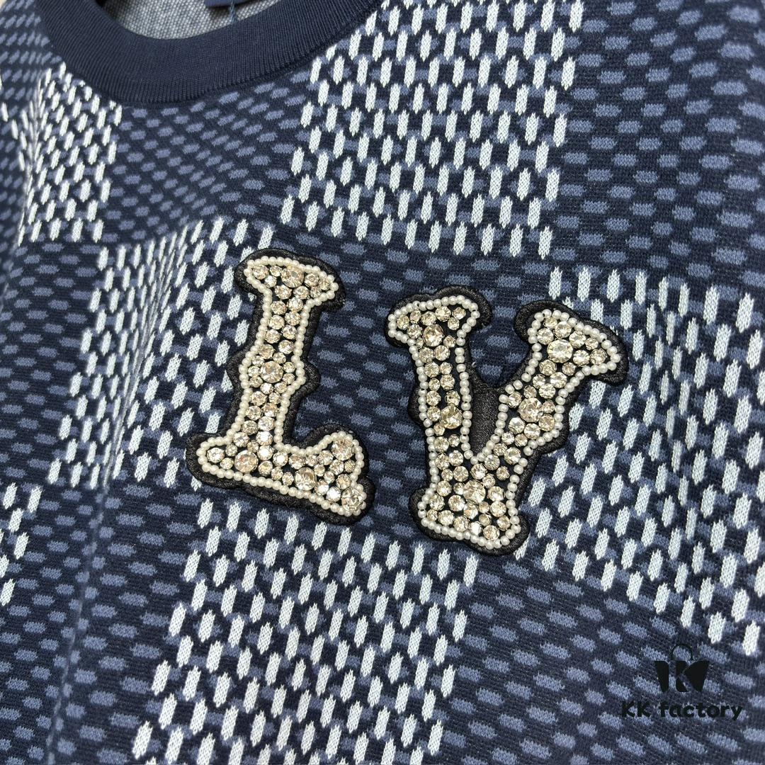 1V 25 New Arrival Cotton Short-Sleeve Round-Neck T-Shirt Featuring Damier Jacquard Pattern and LV Rhinestone Embroidered Patch on Chest for a Refined Touch, Unisex Style