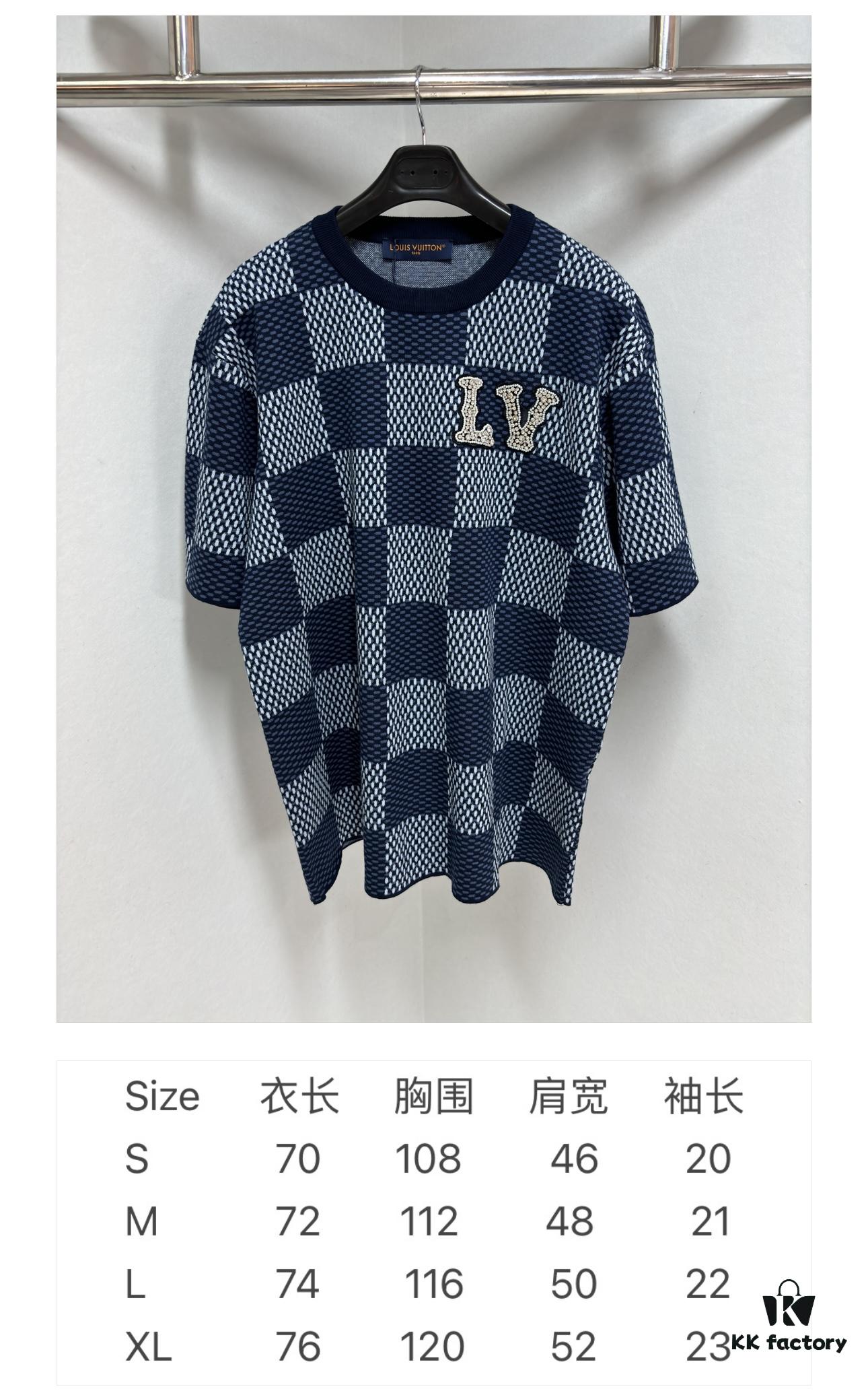 1V 25 New Arrival Cotton Short-Sleeve Round-Neck T-Shirt Featuring Damier Jacquard Pattern and LV Rhinestone Embroidered Patch on Chest for a Refined Touch, Unisex Style