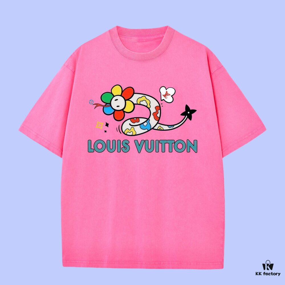 Luxury Quality LV Louis 2025 Fall Spring/Summer Collection Sunflower Snake Short Sleeve T-Shirt, Distinct from Regular Print, Woven 270G 32-Thread Double-Yarn Pure Cotton Fabric, Loose Fit Unisex Design