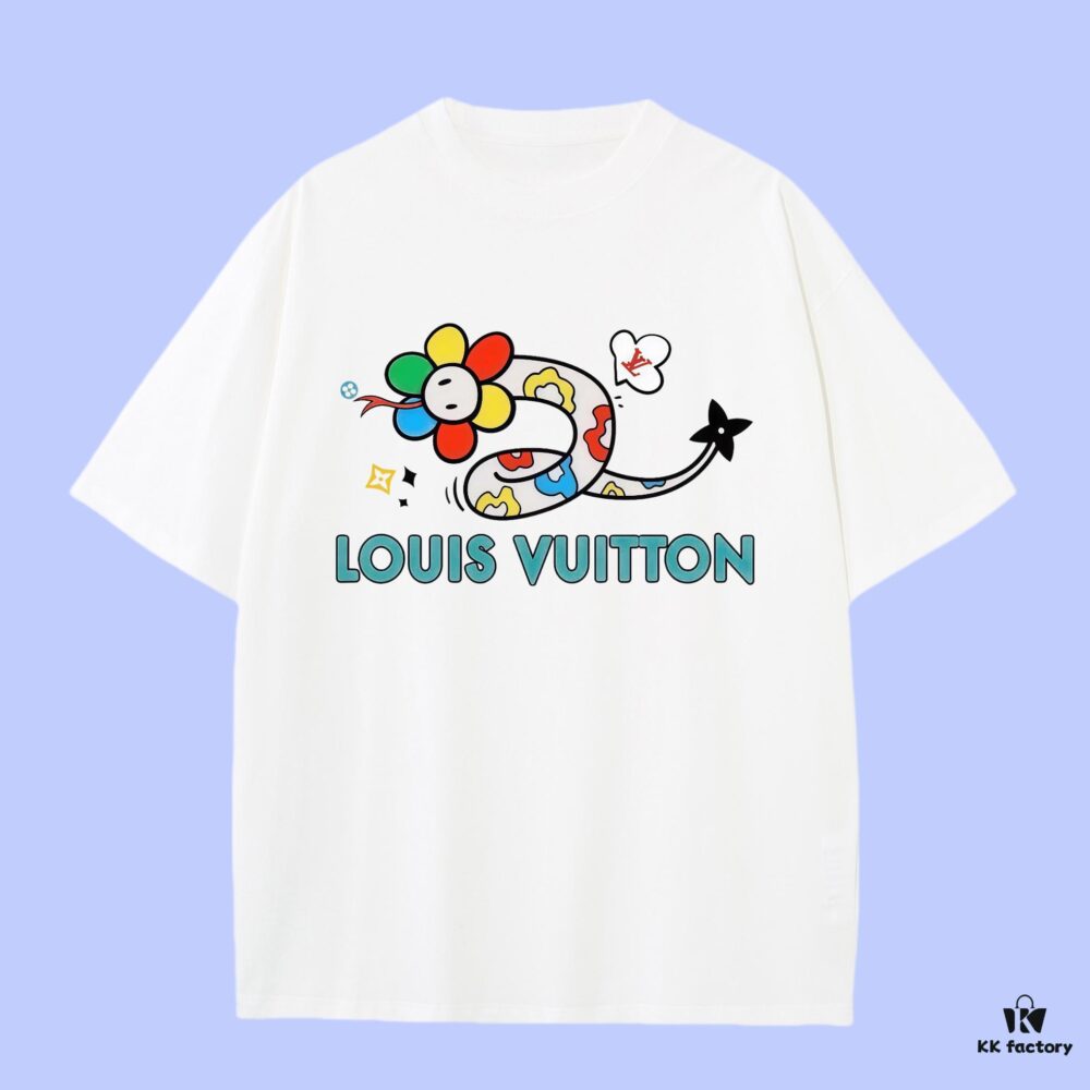 High-End Quality LV Louis 2025 Fall Spring Collection Sunflower Snake Short Sleeve T-Shirt, Distinct from Regular Printing, Woven 270G 32-Count Double-Yarn Pure Cotton Fabric, Loose Fit Unisex Design