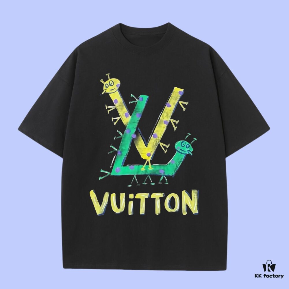 Luxury Quality LV Louis 2025 Fall Spring Collection Caterpillar Logo Short Sleeve T-Shirt, Distinct from Regular Print, Woven 270G 32-Count Double-Yarn Pure Cotton Fabric, Loose Fit Unisex Design
