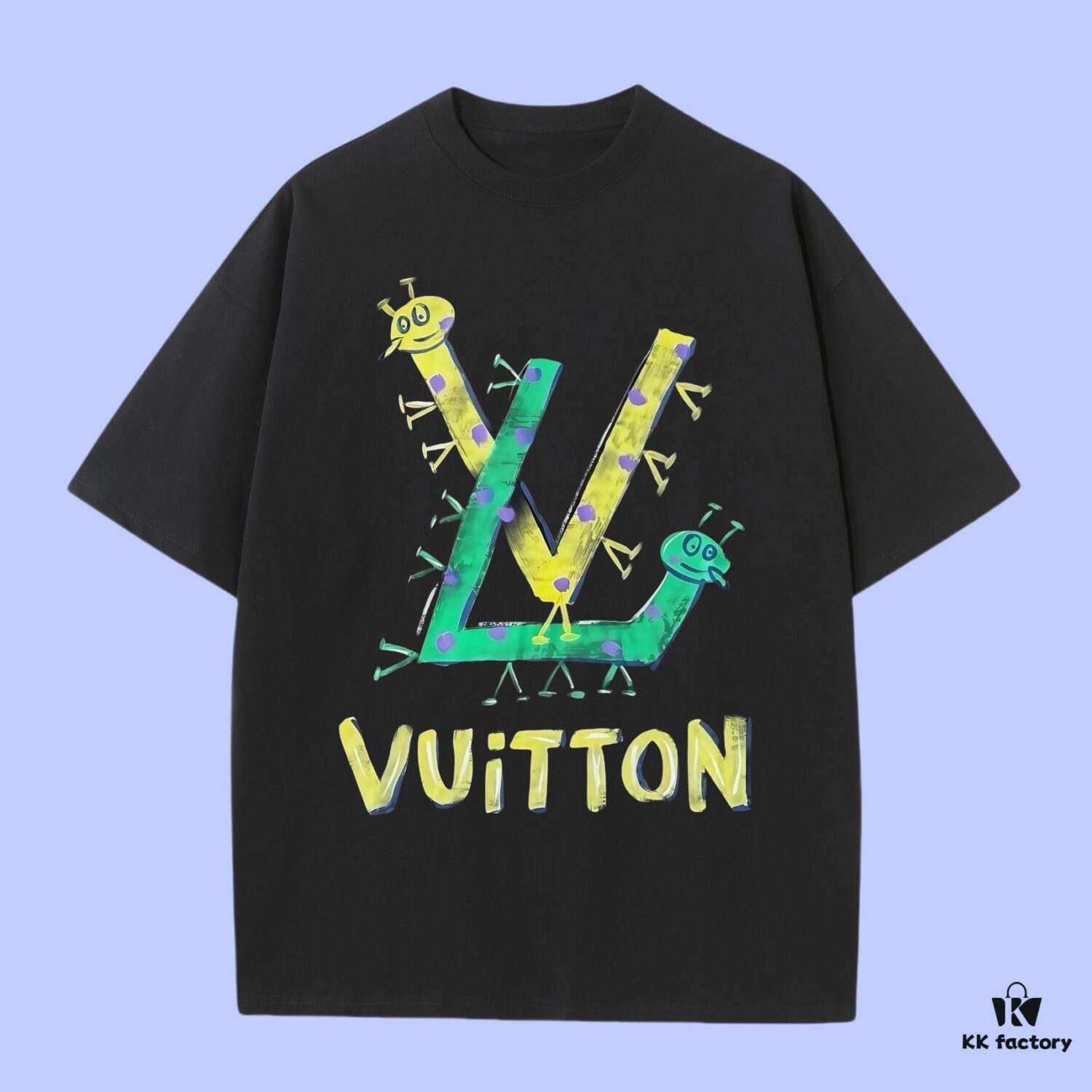 Luxury Quality LV Louis 2025 Fall Spring Collection Caterpillar Logo Short Sleeve T-Shirt, Distinct from Regular Print, Woven 270G 32-Count Double-Yarn Pure Cotton Fabric, Loose Fit Unisex Design