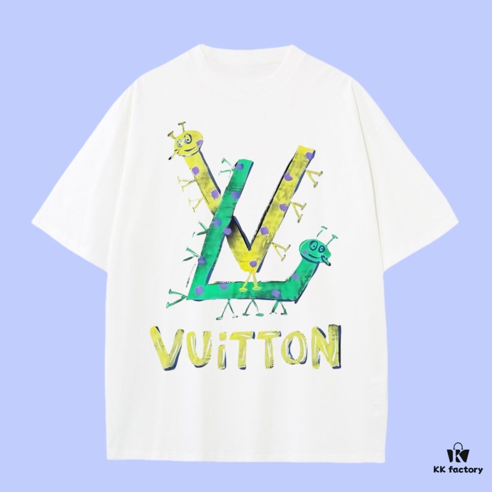 Luxury Quality LV Louis 2025 Fall Spring Collection Caterpillar Logo Short Sleeve T-Shirt, Premium Woven 270G 32-Count Double-Yarn Cotton Fabric, Distinct from Regular Print, Loose Fit Unisex Design
