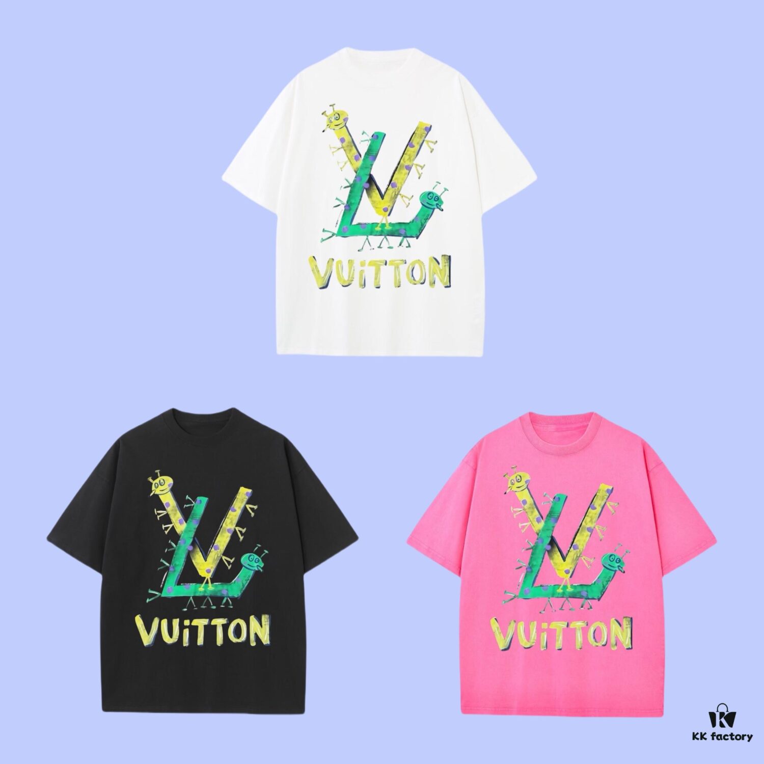 Luxury Quality LV Louis 2025 Fall Spring Collection Caterpillar Logo Short Sleeve T-Shirt, Premium Woven 270G 32-Count Double-Yarn Cotton Fabric, Distinct from Regular Print, Loose Fit Unisex Design