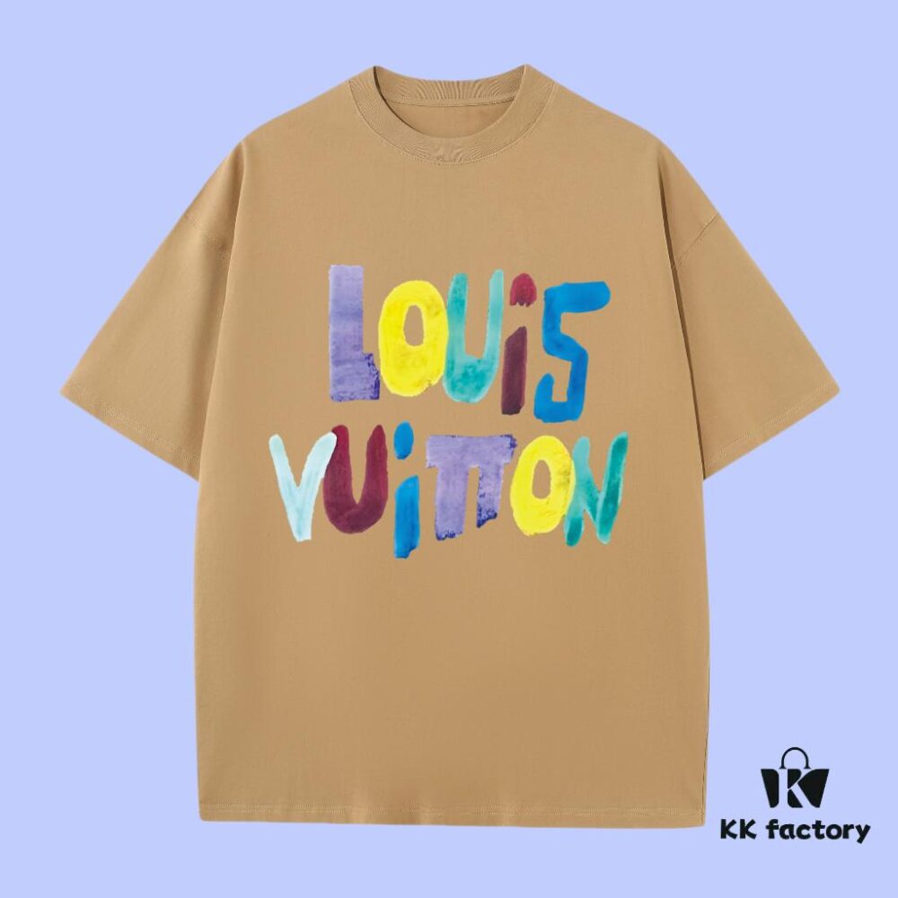 Luxury Quality LV Louis 2025 Fall Spring Collection Colorful Logo Short Sleeve T-Shirt, Distinct from Regular Print, Made of Custom-Woven 270G 32-Thread Double-Yarn Pure Cotton Fabric, Loose Fit Unisex Design
