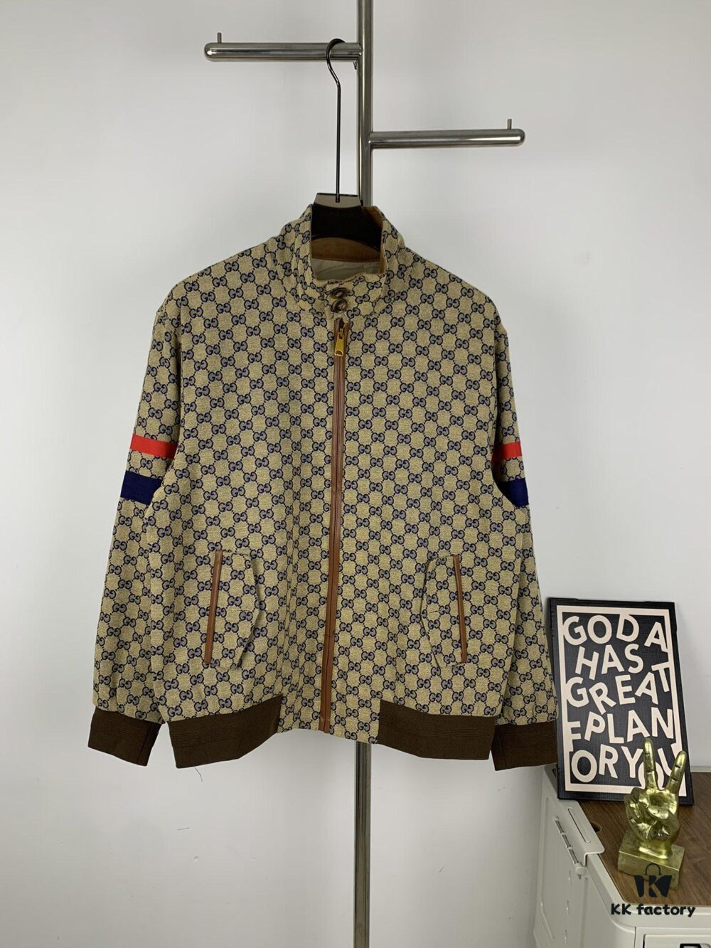 New GUCCI Classic Double G Jacquard Patchwork Zipper Jacket Unisex Trench Coat