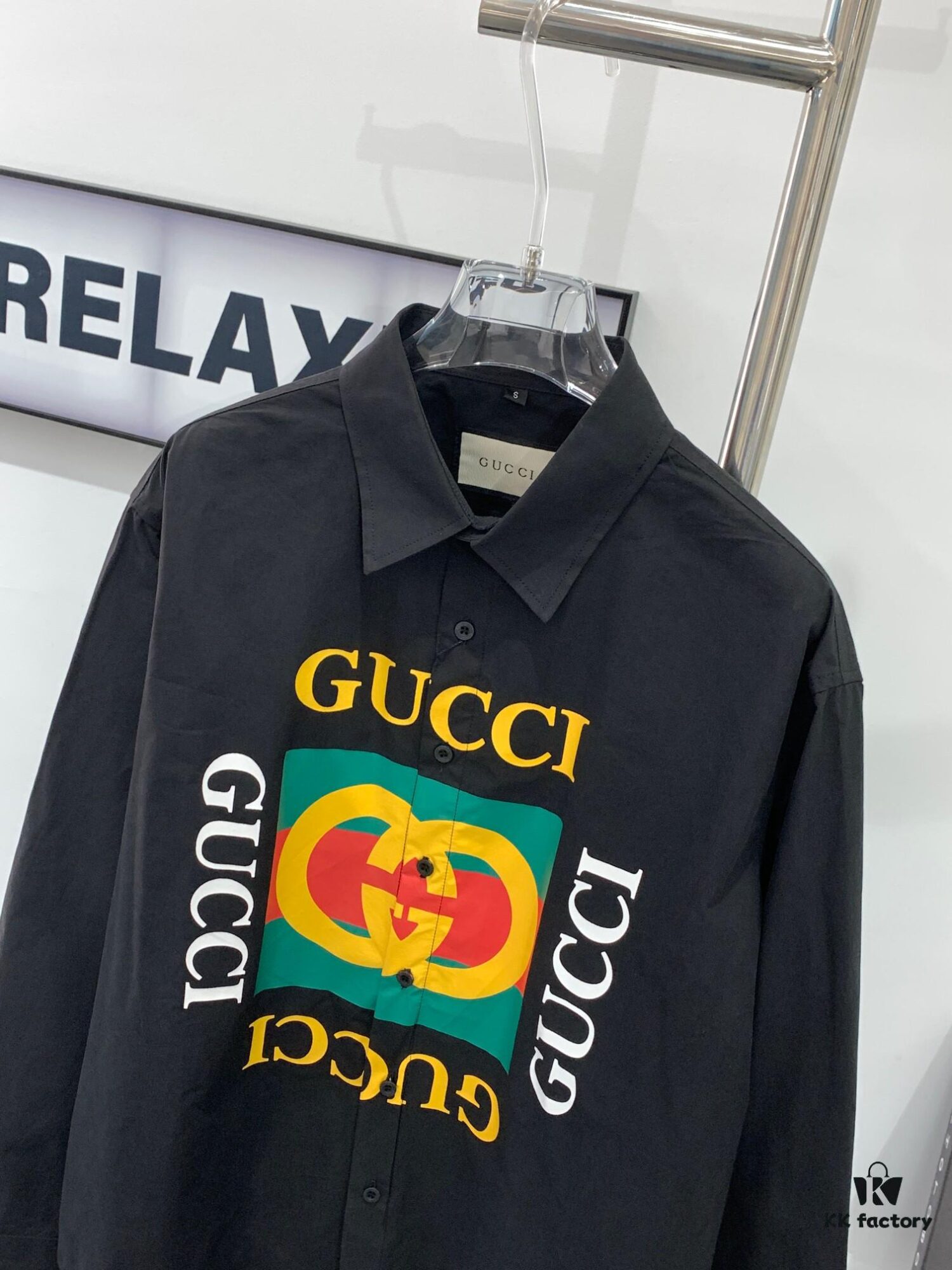 New Gucci Red-Green Double Ring Print Checked Oversized Logo Button Shirt