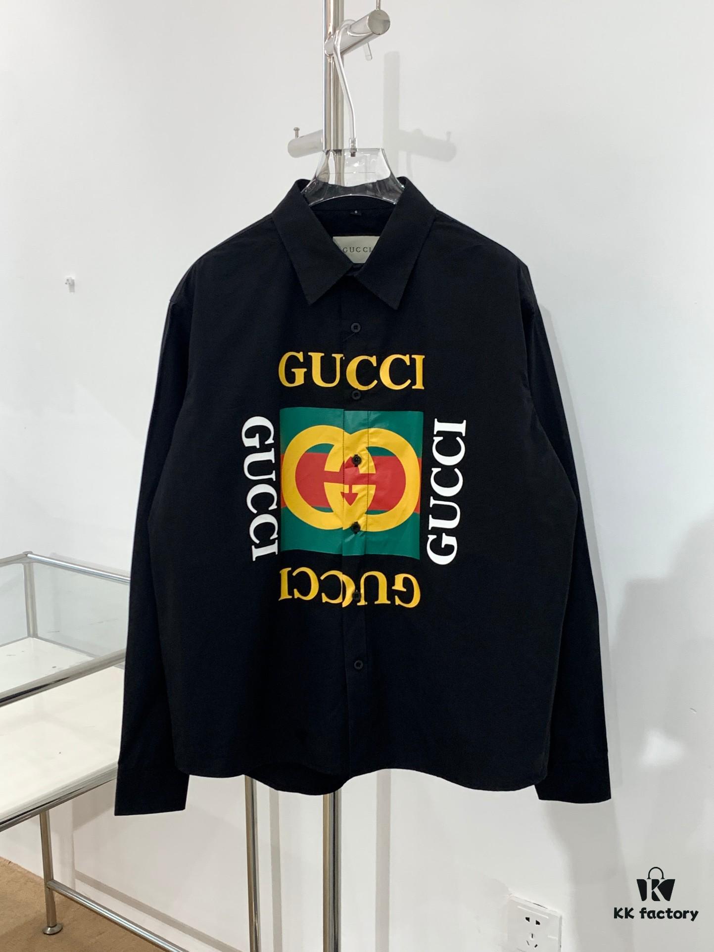 New Gucci Red-Green Double Ring Print Checked Oversized Logo Button Shirt