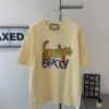 New GUCCI 2024 Leopard Print Letter Short Sleeve T-Shirt in Beige, Paw Design, Unisex Couples Style
