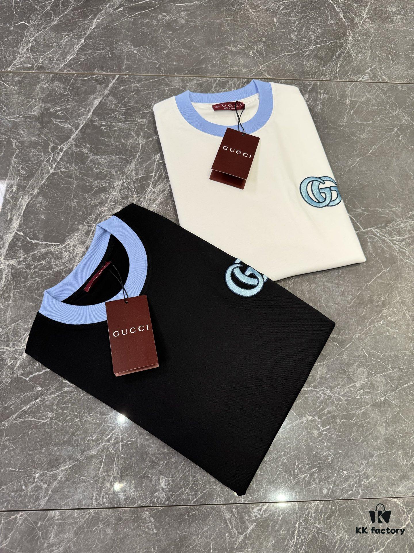 GUCCI 25SS New Arrival Round Neck T-Shirt! Custom GG 3D Embroidery Craftsmanship, Ribbed Blue Trims on Neck and Cuffs for a Youthful Look, Fashionable Color Matching, Stylish and Vibrant Overall Appearance. Made from 260g High-Quality Cotton for Exceptional Comfort and Soft, Premium Texture. Colors: Black, White. European Size: S, M, L, XL (Recommended Size M for Height 175cm / Weight 70kg)