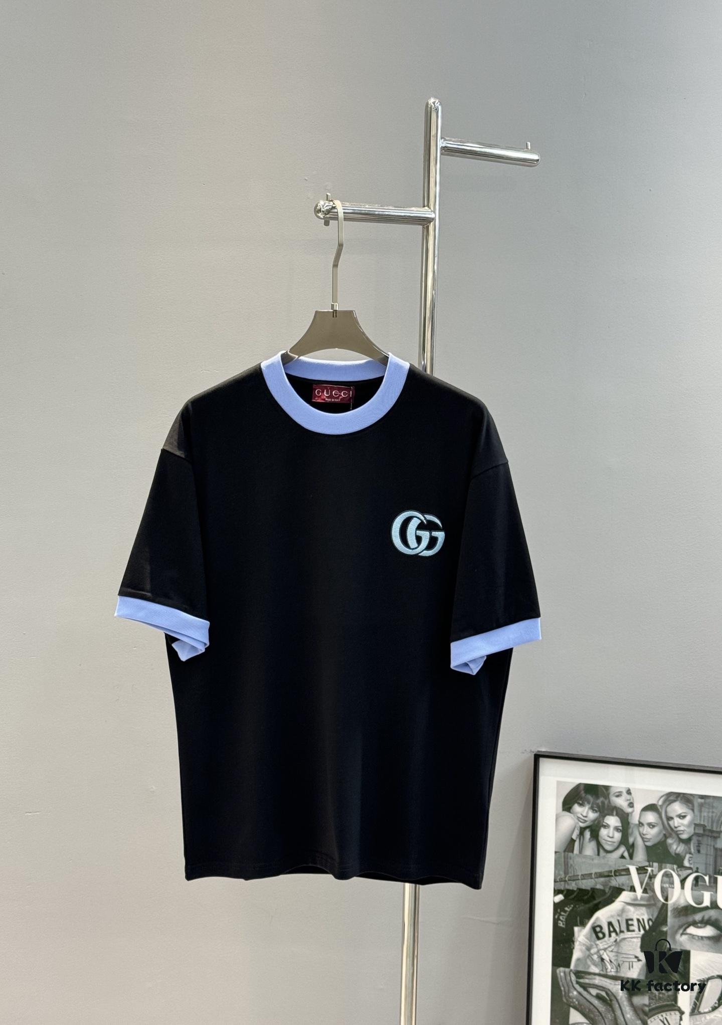 GUCC* Trendy Brand 2025 New Round Neck T-Shirt, Unisex Style – Must-Have Bestseller with Customized 3D GG Embroidery on Chest, Ribbed Collar and Cuffs in Blue for Youthful Look, Fashionable Color Matching, Made from 260g Premium Cotton for Superior Comfort and Soft Texture