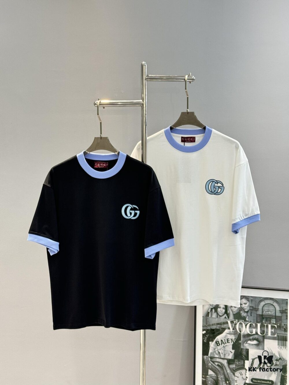 GUCC* Trendy Brand 2025 New Round Neck T-Shirt, Unisex Style – Must-Have Bestseller with Customized 3D GG Embroidery on Chest, Ribbed Collar and Cuffs in Blue for Youthful Look, Fashionable Color Matching, Made from 260g Premium Cotton for Superior Comfort and Soft Texture