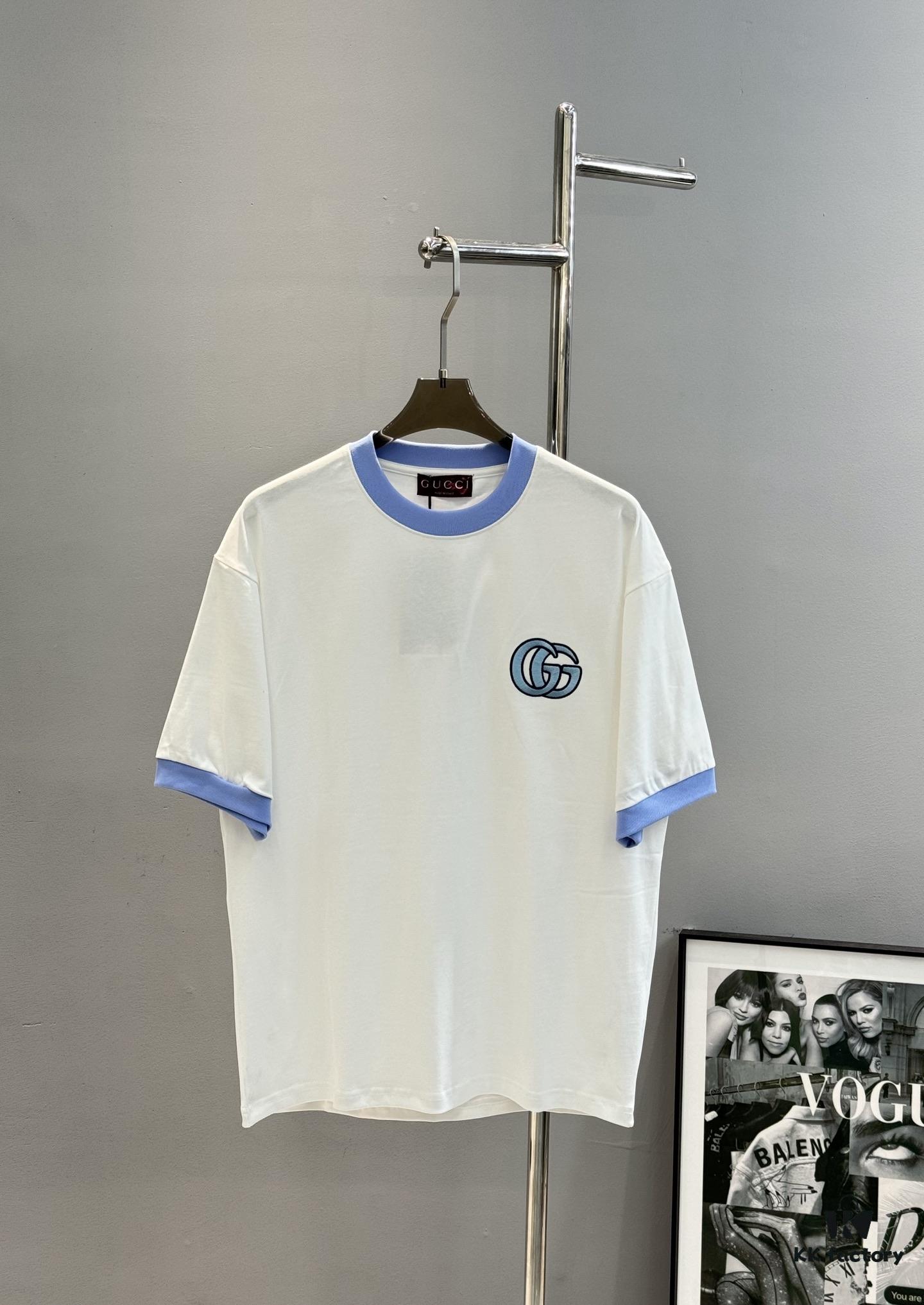 GUCC* Trendy Brand 2025 New Round Neck T-Shirt, Unisex Style – Must-Have Bestseller with Customized 3D GG Embroidery on Chest, Ribbed Collar and Cuffs in Blue for Youthful Look, Fashionable Color Matching, Made from 260g Premium Cotton for Superior Comfort and Soft Texture