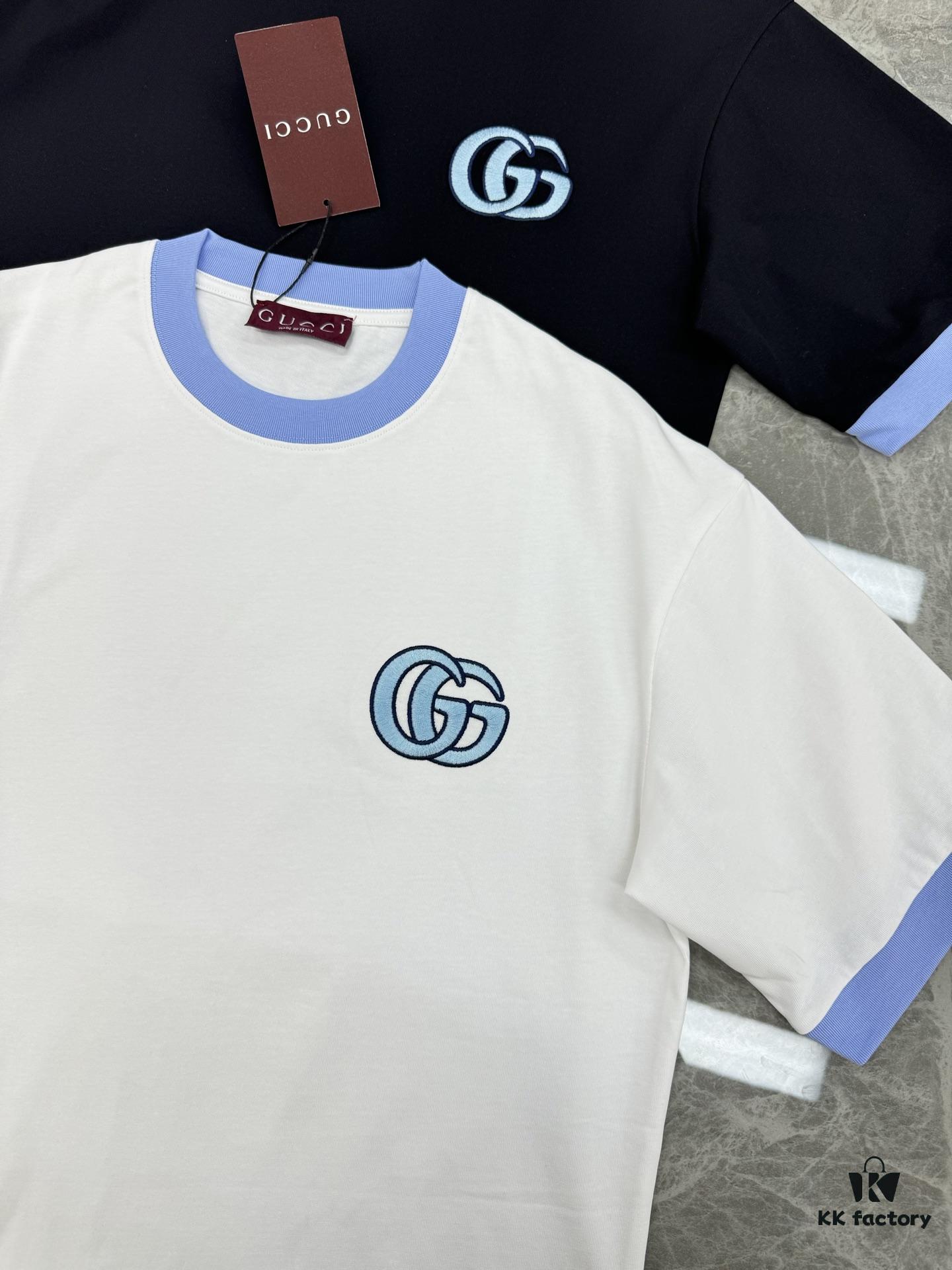 GUCC* Trendy Brand 2025 New Round Neck T-Shirt, Unisex Style – Must-Have Bestseller with Customized 3D GG Embroidery on Chest, Ribbed Collar and Cuffs in Blue for Youthful Look, Fashionable Color Matching, Made from 260g Premium Cotton for Superior Comfort and Soft Texture