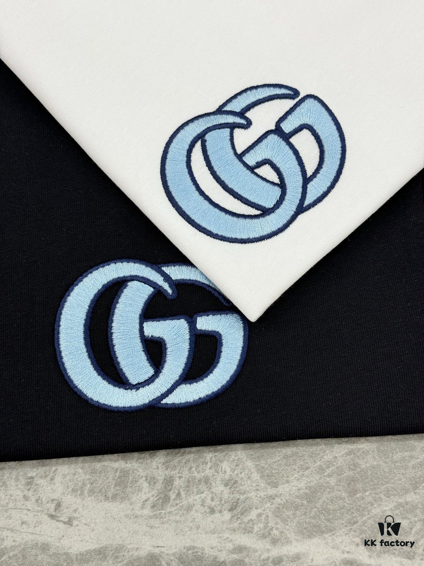 GUCC* Trendy Brand 2025 New Round Neck T-Shirt, Unisex Style – Must-Have Bestseller with Customized 3D GG Embroidery on Chest, Ribbed Collar and Cuffs in Blue for Youthful Look, Fashionable Color Matching, Made from 260g Premium Cotton for Superior Comfort and Soft Texture