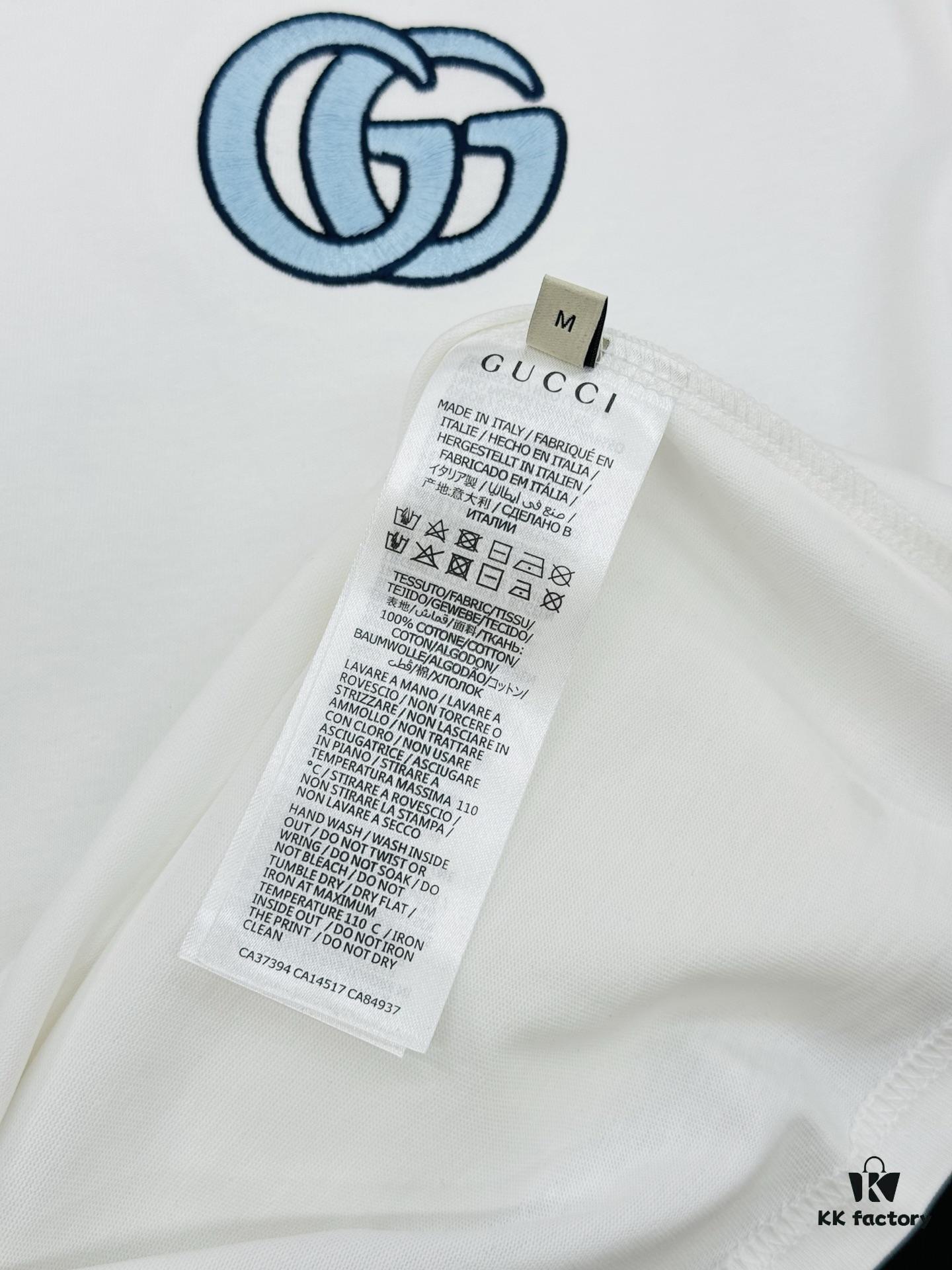 GUCC* Trendy Brand 2025 New Round Neck T-Shirt, Unisex Style – Must-Have Bestseller with Customized 3D GG Embroidery on Chest, Ribbed Collar and Cuffs in Blue for Youthful Look, Fashionable Color Matching, Made from 260g Premium Cotton for Superior Comfort and Soft Texture