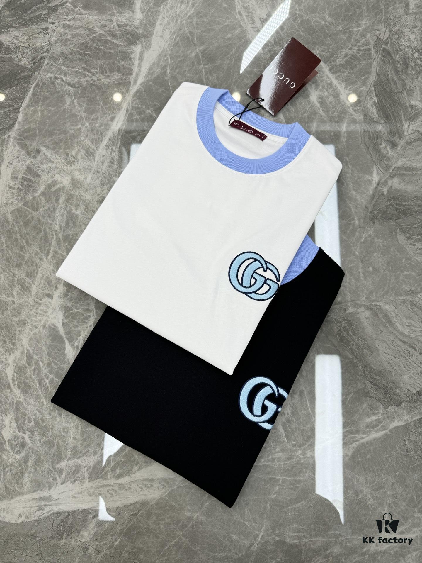 GUCC* Trendy Brand 2025 New Round Neck T-Shirt, Unisex Style – Must-Have Bestseller with Customized 3D GG Embroidery on Chest, Ribbed Collar and Cuffs in Blue for Youthful Look, Fashionable Color Matching, Made from 260g Premium Cotton for Superior Comfort and Soft Texture