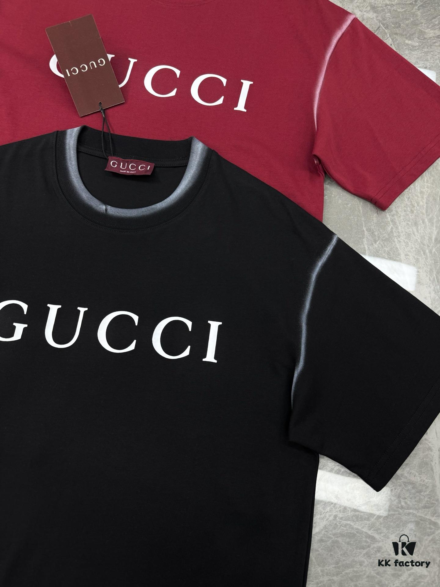 GUCC Vintage 25S New Short Sleeve T-Shirt Unisex – Classic Logo Print Design with Collar Spray Paint Style, 260g Pure Cotton Fabric, Soft and Comfortable, Premium Look