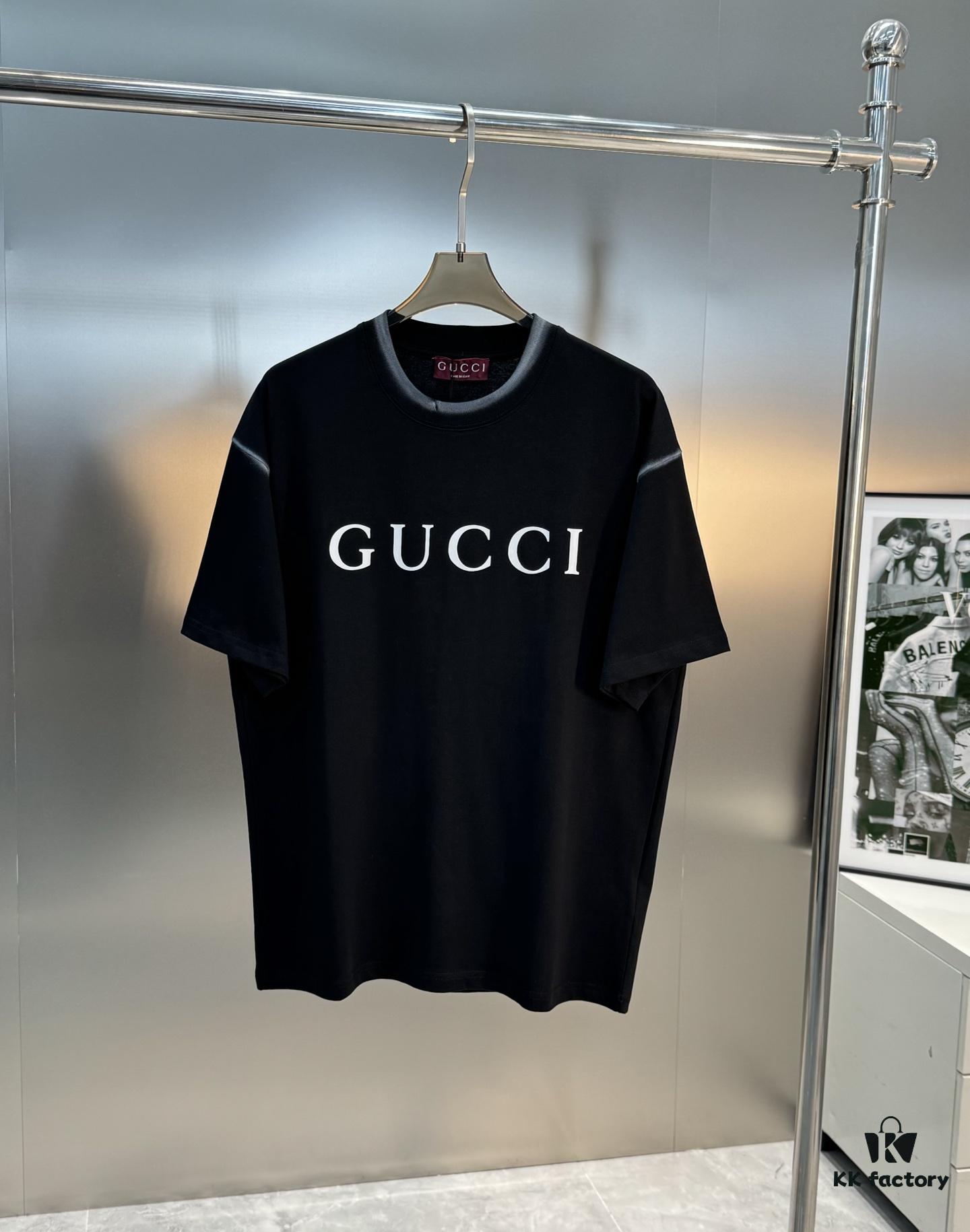 GUCC Vintage 25S New Short Sleeve T-Shirt Unisex – Classic Logo Print Design with Collar Spray Paint Style, 260g Pure Cotton Fabric, Soft and Comfortable, Premium Look