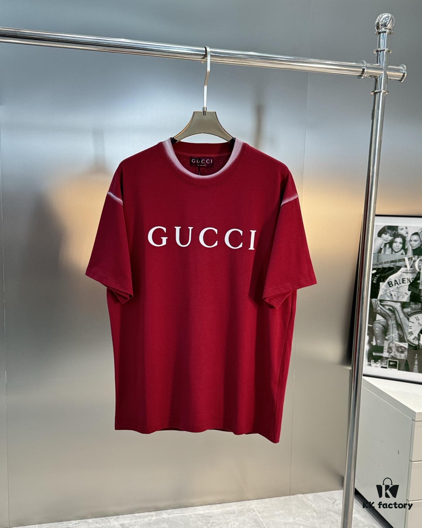 GUCC Vintage 25S New Short Sleeve T-Shirt Unisex – Classic Logo Print Design with Collar Spray Paint Style, 260g Pure Cotton Fabric, Soft and Comfortable, Premium Look