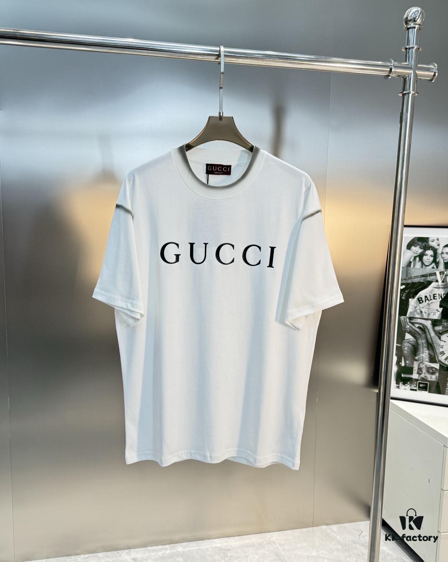 GUCC Vintage 25S New Short Sleeve T-Shirt Unisex – Classic Logo Print Design with Collar Spray Paint Style, 260g Pure Cotton Fabric, Soft and Comfortable, Premium Look